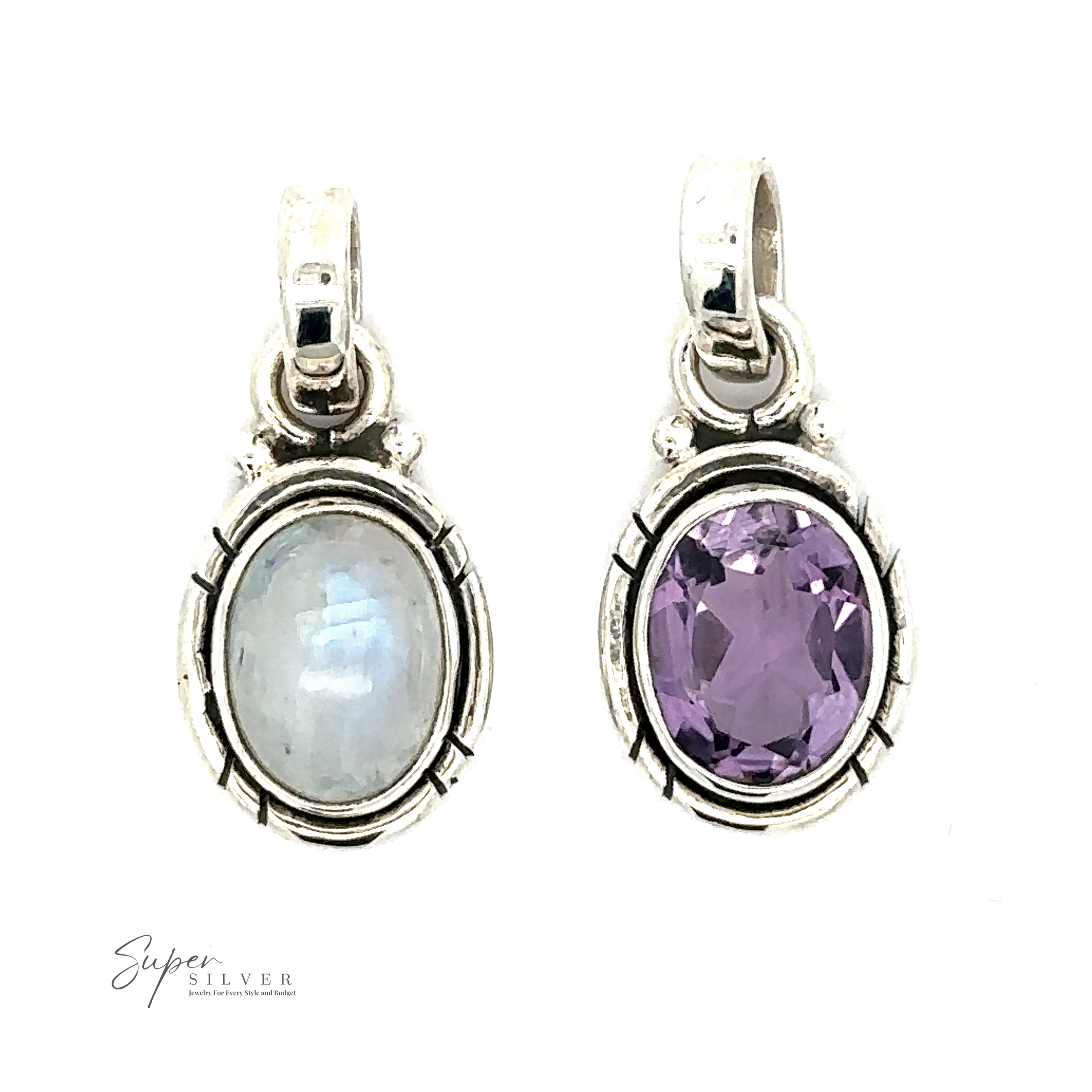 Two sterling silver pendants with oval gemstones: one showcasing a Simple And Elegant Oval Moonstone Pendant and the other flaunting a faceted purple amethyst.