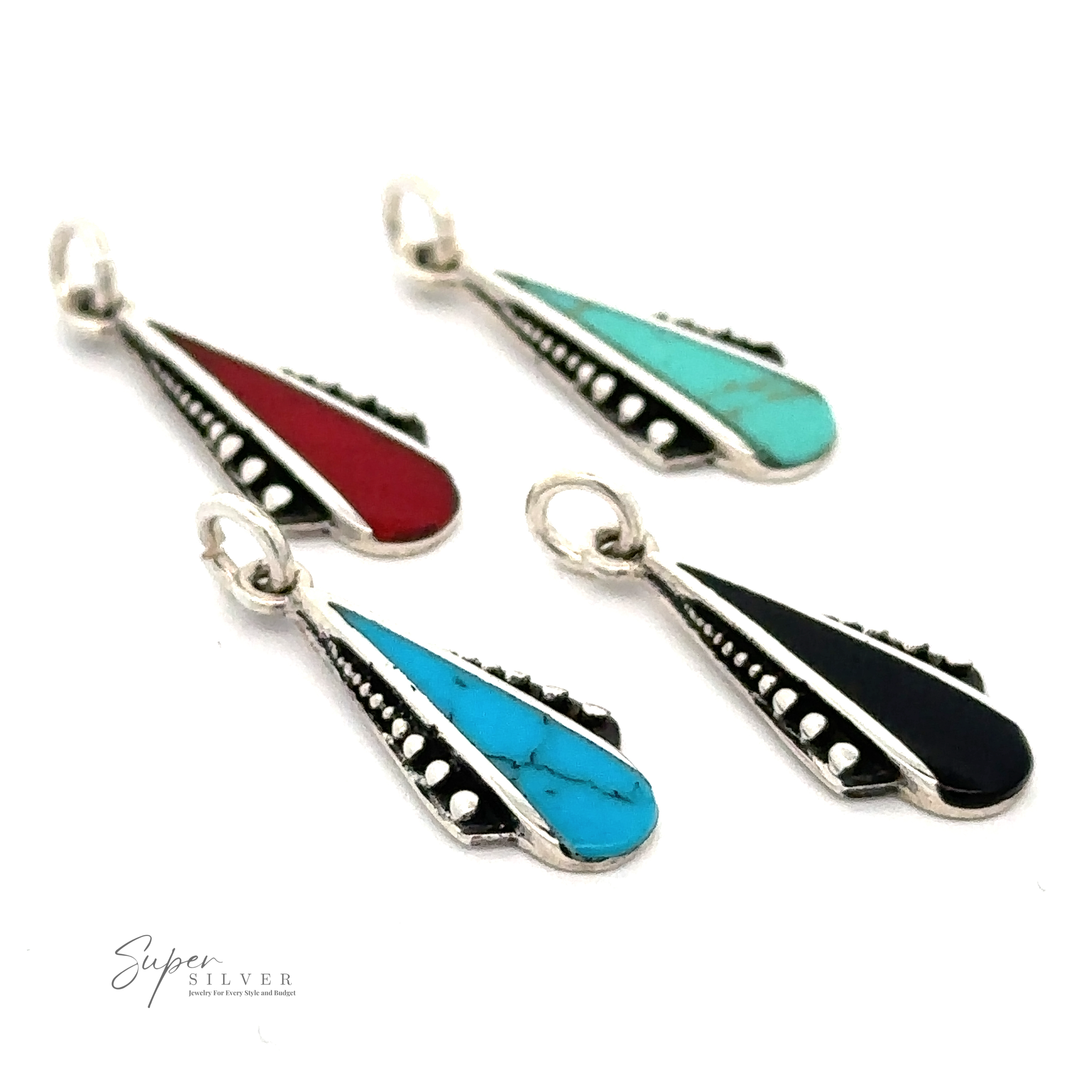 Four Teardrop Pendants with Inlaid Stones and Ball Border in red, cyan, turquoise, and black with sterling silver accents on a white background.