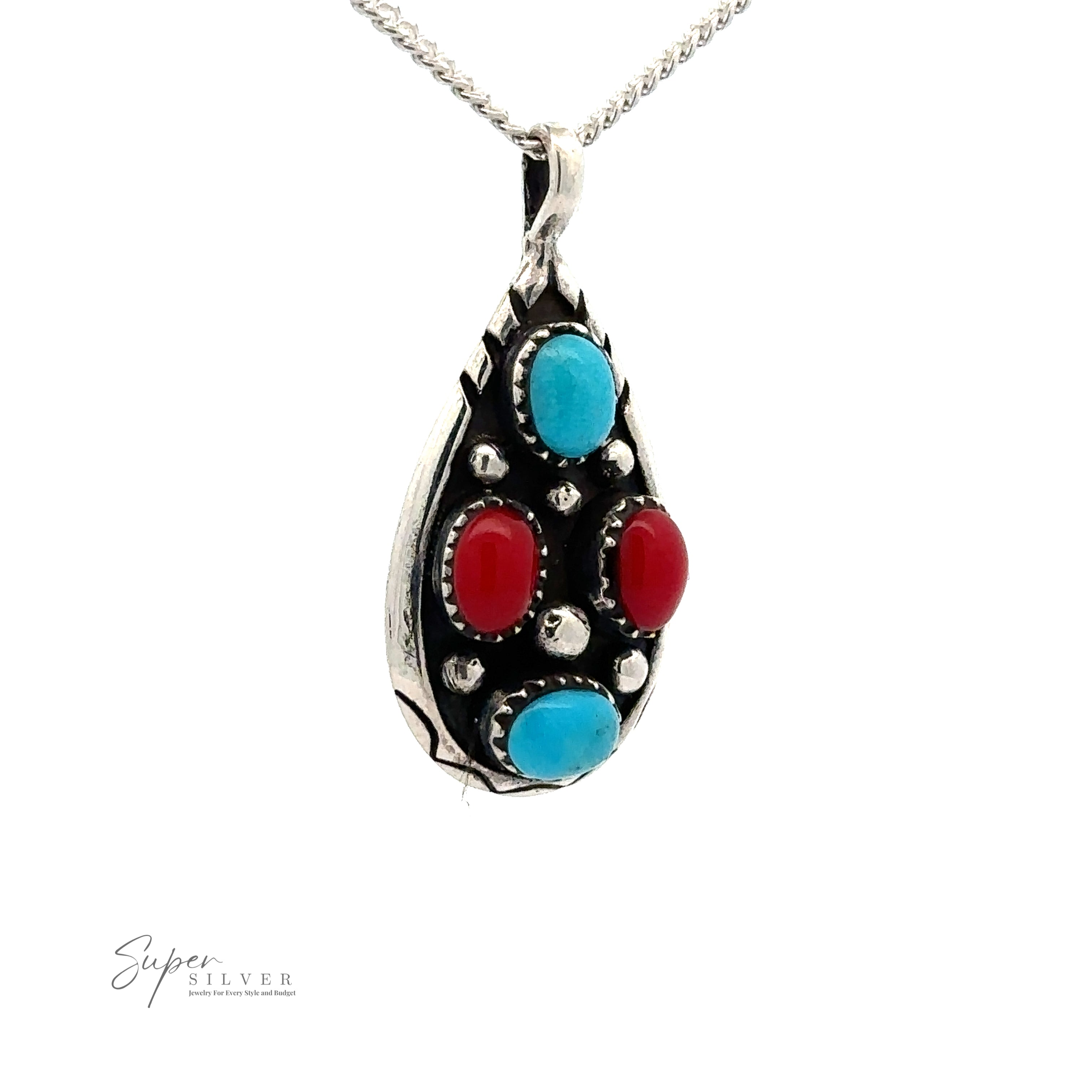 A Teardrop Turquoise and Coral Pendant with a silver finish, featuring two coral and two turquoise rounded stones, elegantly displayed on a silver chain. The Super Silver logo is visible in the lower-left corner.
