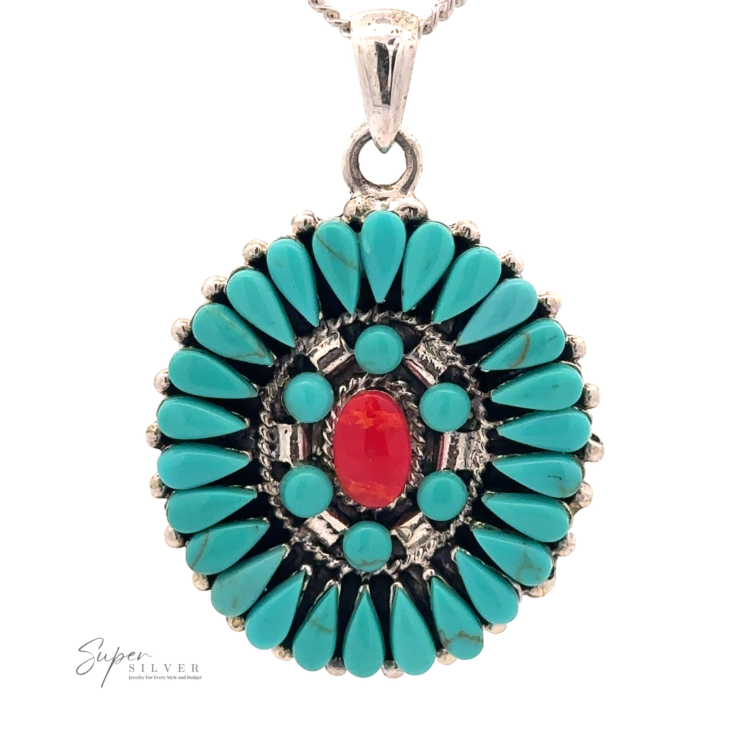 An oval silver Turquoise Pendant With Coral Center, hanging from a silver chain, evokes a Native American-inspired design that mirrors the exquisite Navajo needlepoint style.