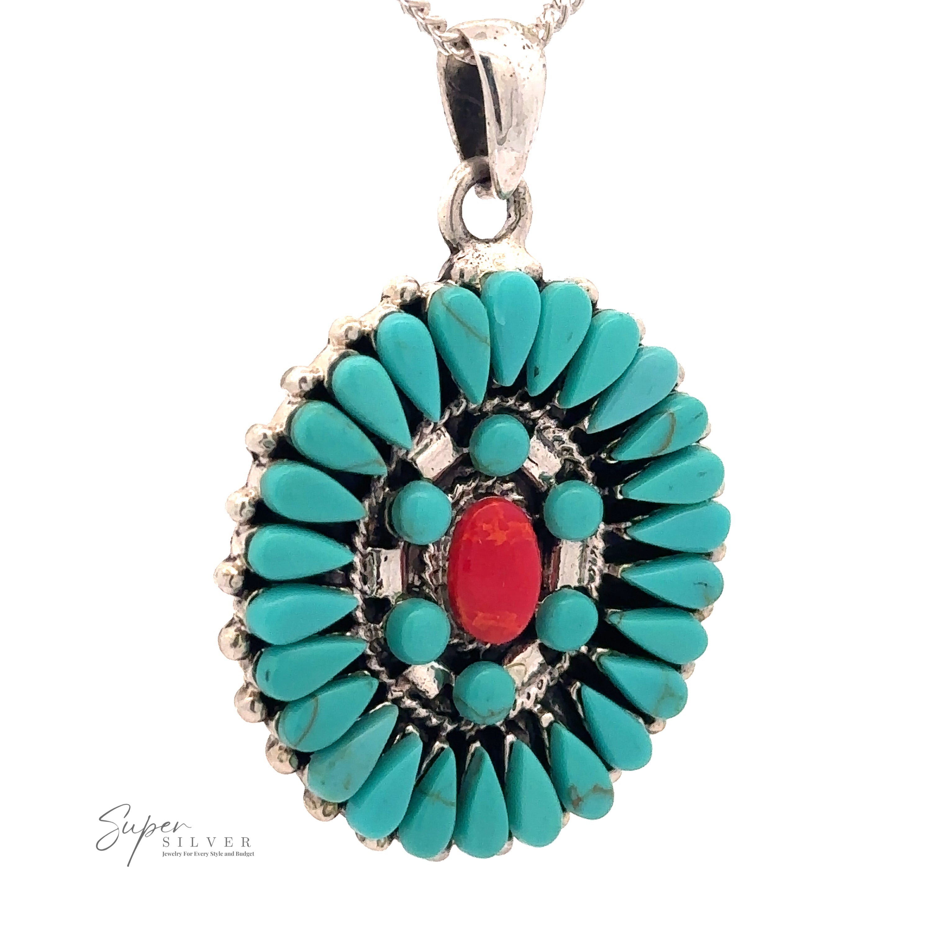 A Turquoise Pendant With Coral Center, styled in Navajo needlepoint fashion, this exquisite piece is Native American-inspired. Text on the bottom left reads "Super Silver".