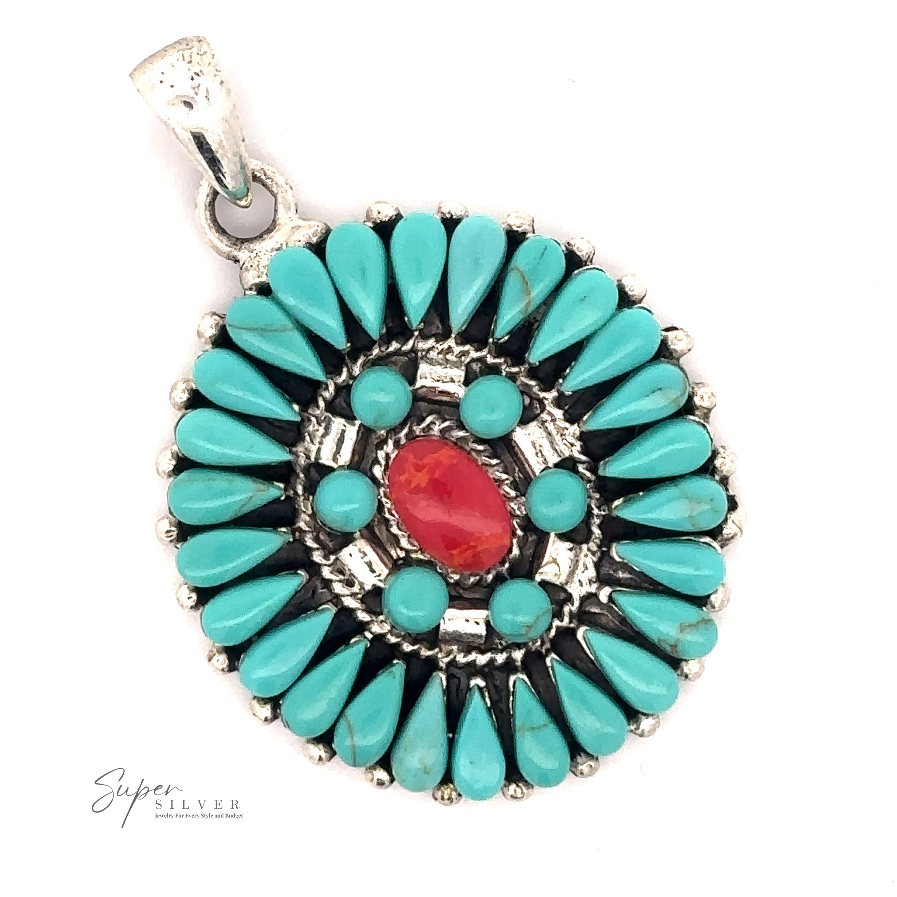 A Turquoise Pendant With Coral Center featuring turquoise stones arranged in a floral, Native American-inspired pattern with a central red stone. The "Super Silver" logo is visible on the bottom left.