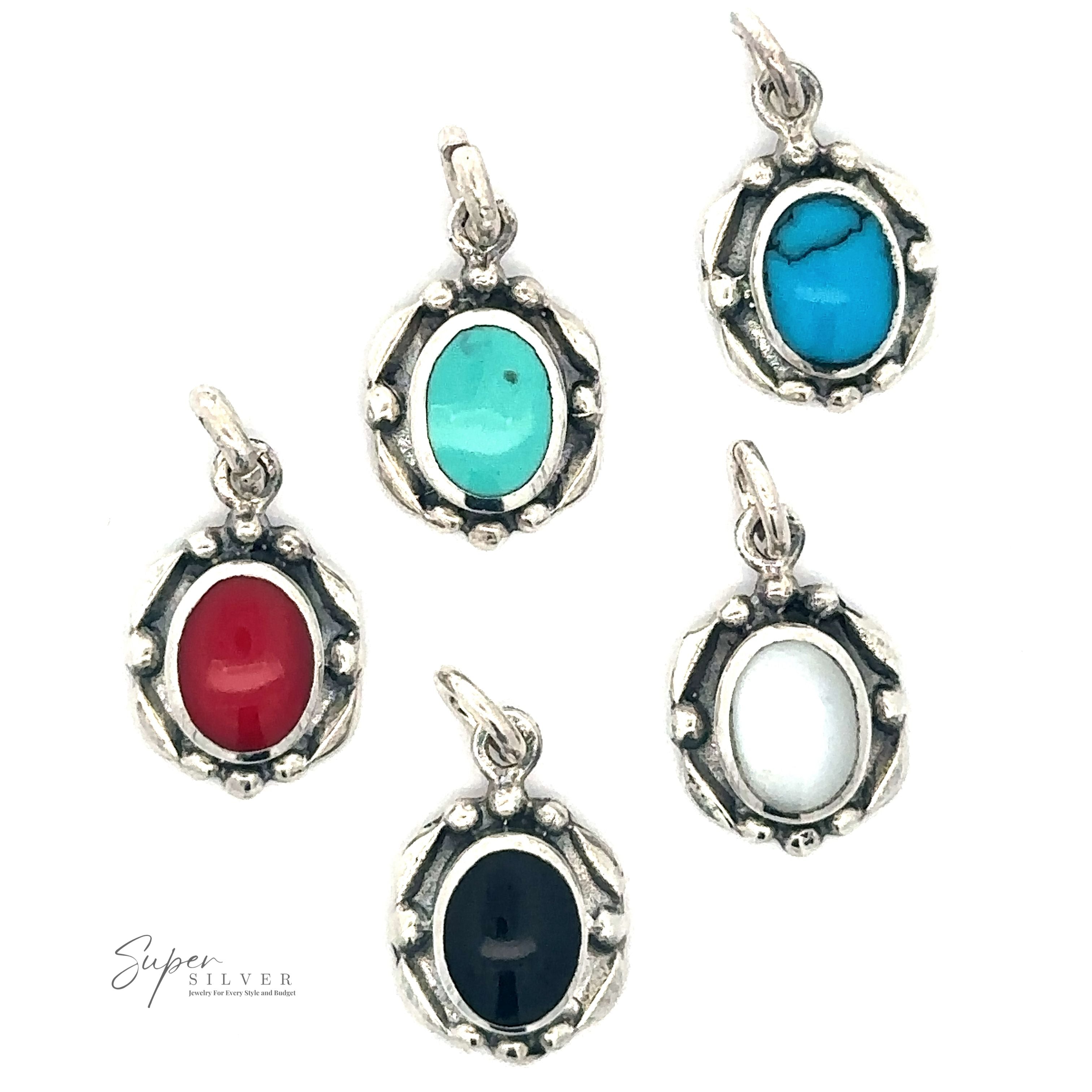 Five Beautiful Oval Stone Pendants With Silver Border, each with a different colored stone: turquoise, light blue, red coral, black, and white. The logo "Super Silver" is at the bottom left.