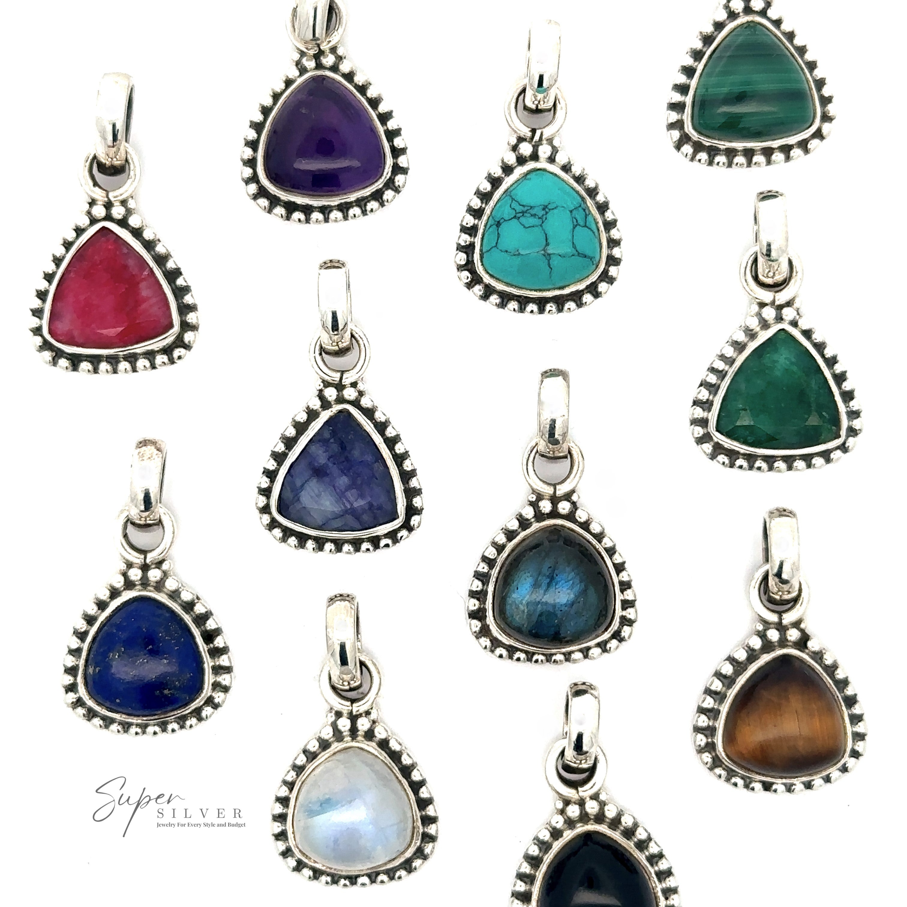 A collection of eleven Beautiful Triangular Shape Stone Pendant With Beaded Design with sterling silver settings. The gemstones vary in color, including purple, green, pink, blue, and brown. Each pendant has a loop for attaching to a chain.