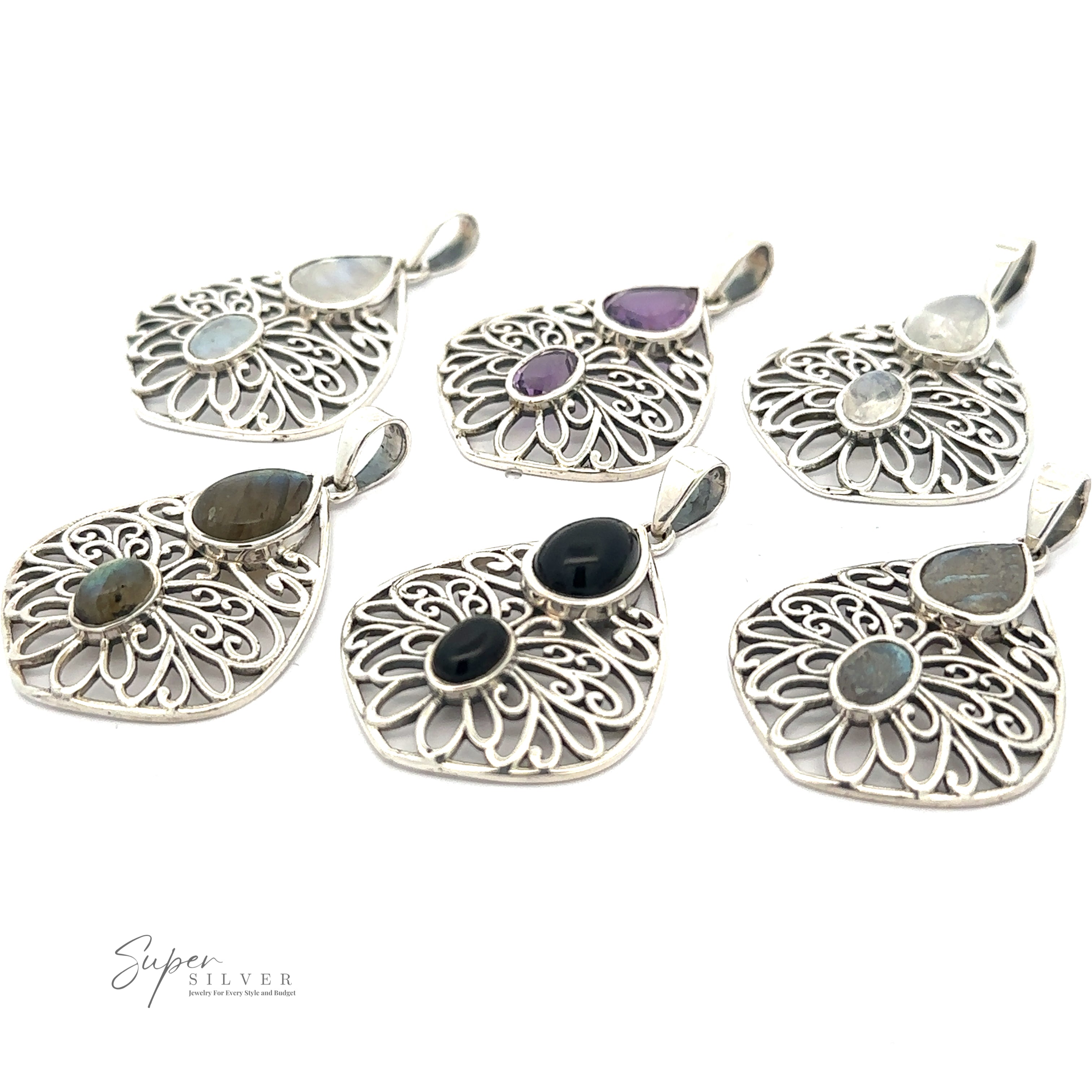 Six intricately designed Teardrop Filigree Gemstone Pendants with various gemstones are arranged on a white background. The gemstones include shades of white, purple, and black, featuring stunning amethyst and onyx pendants.