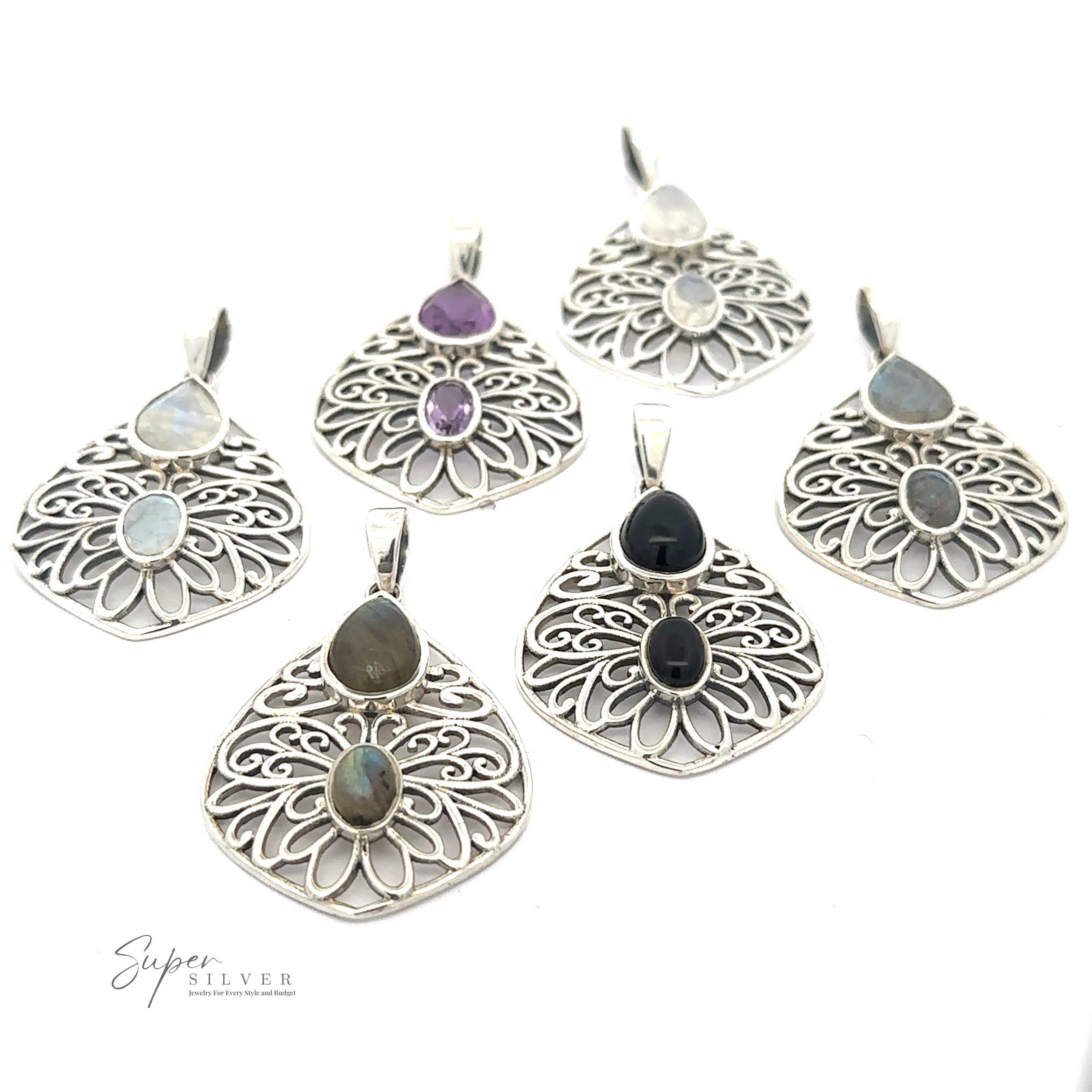 A collection of six Teardrop Filigree Gemstone Pendants with various gemstones, including moonstone, amethyst, and a striking onyx pendant, displayed against a white background. The logo "Super Silver" is visible in the corner.
