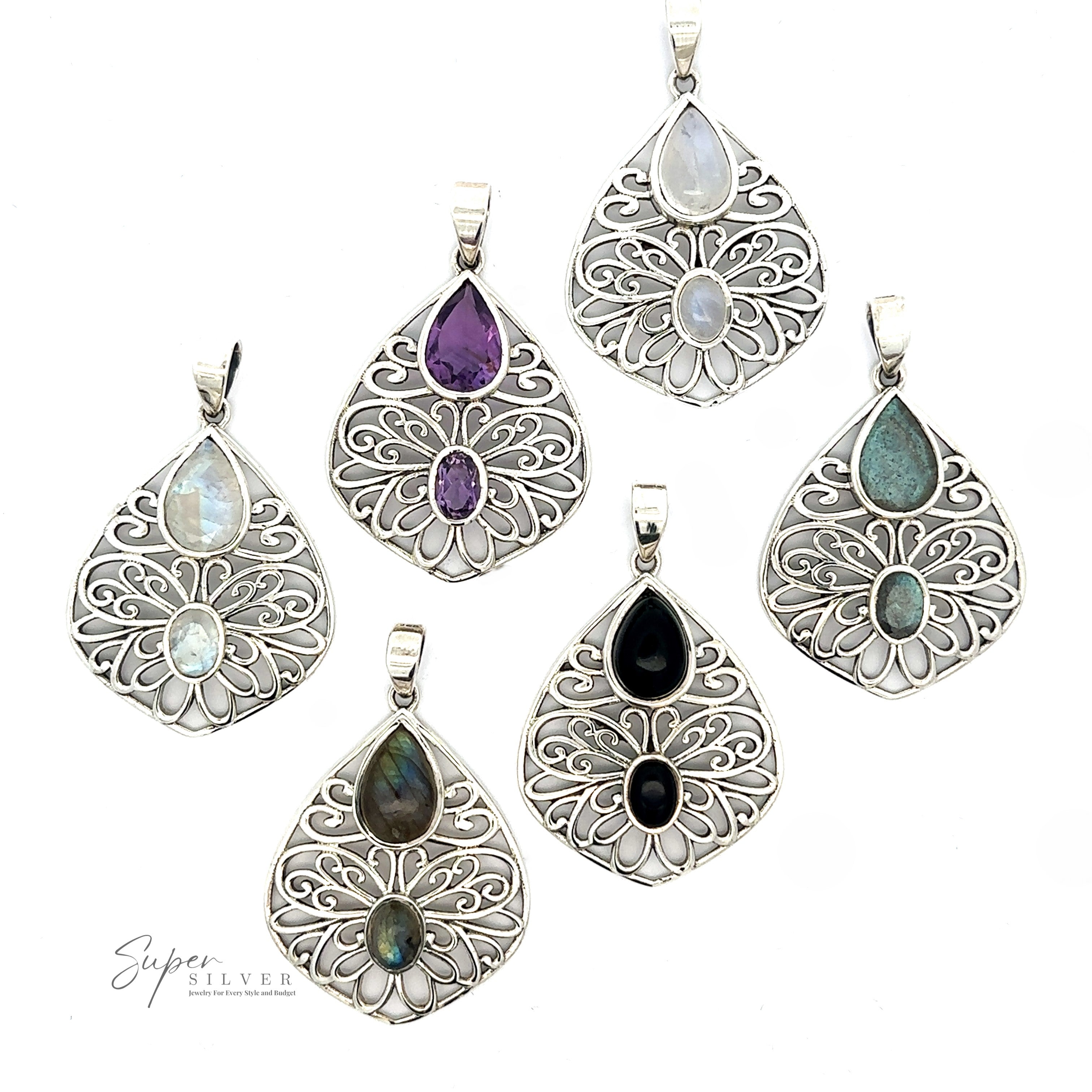 A collection of six Teardrop Filigree Gemstone Pendants, each featuring intricate filigree designs and various gemstones like Amethyst and Onyx, is displayed against a plain white background.