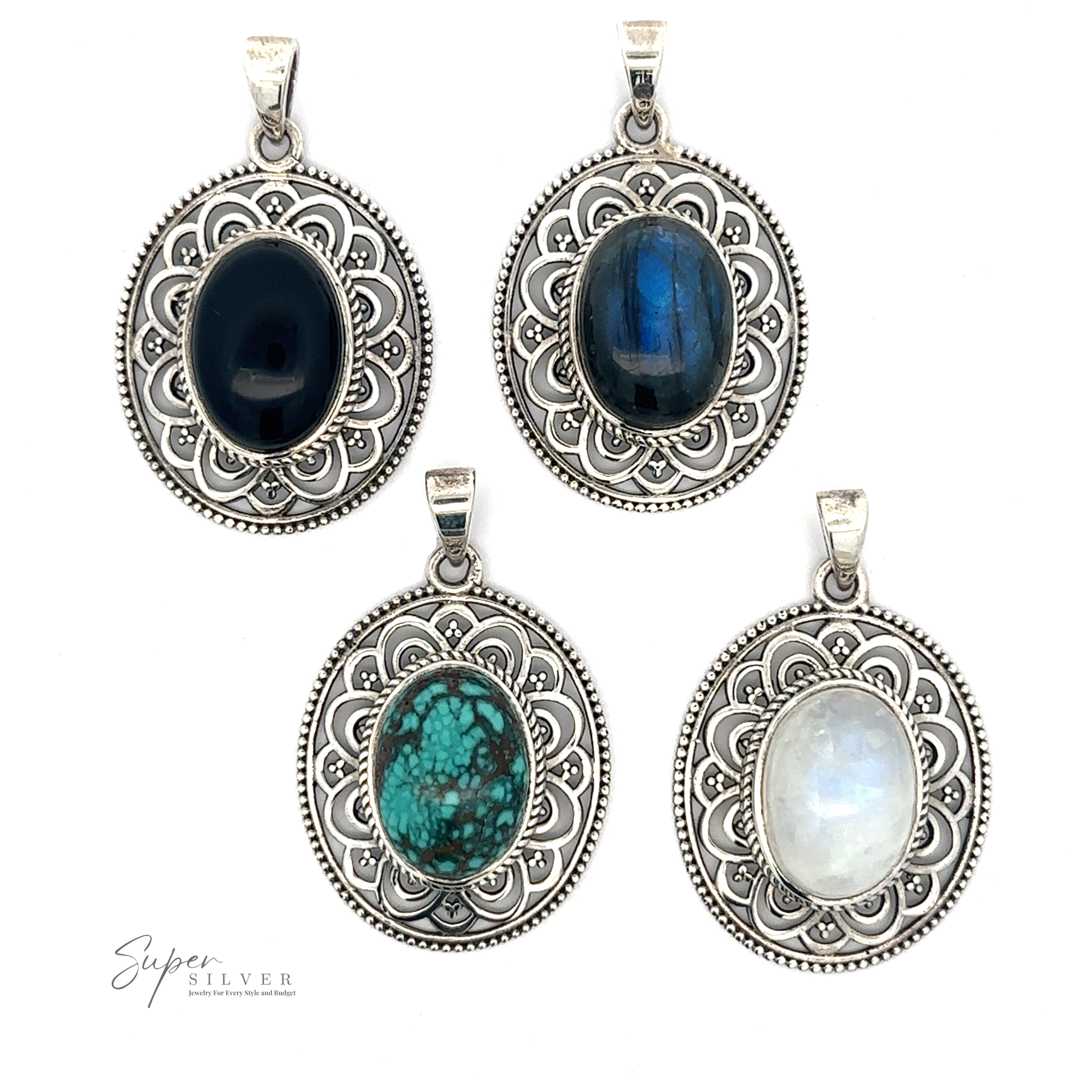 Four ornate Oval Stone Pendants with Filigree Border with oval stones in the center: black, blue, green, and white. One features a striking labradorite. Text reads "Super Silver.
