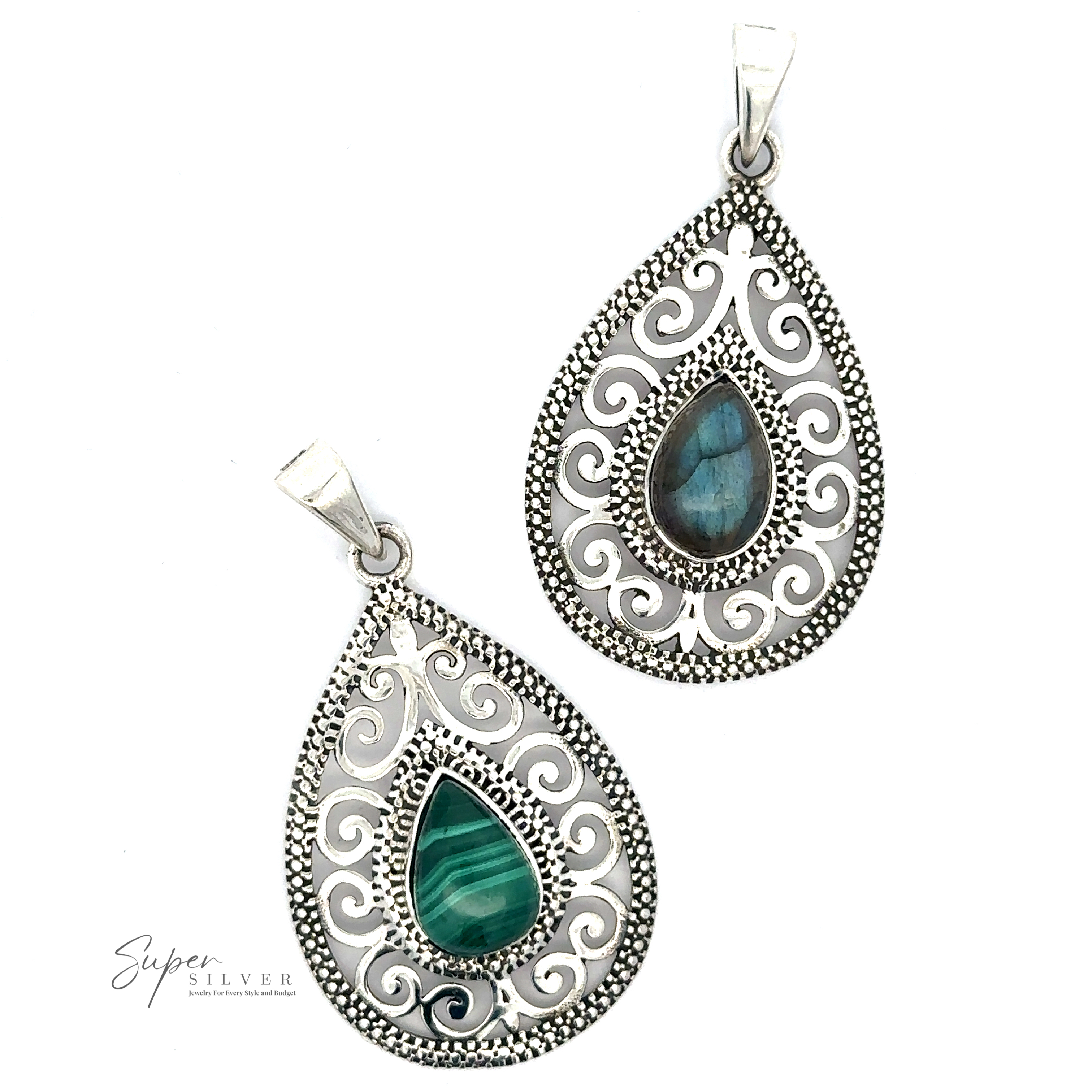 Two intricately designed **Gemstone Teardrop Pendants with Swirls** featuring ornate scroll patterns and central stones—one green and one Labradorite.