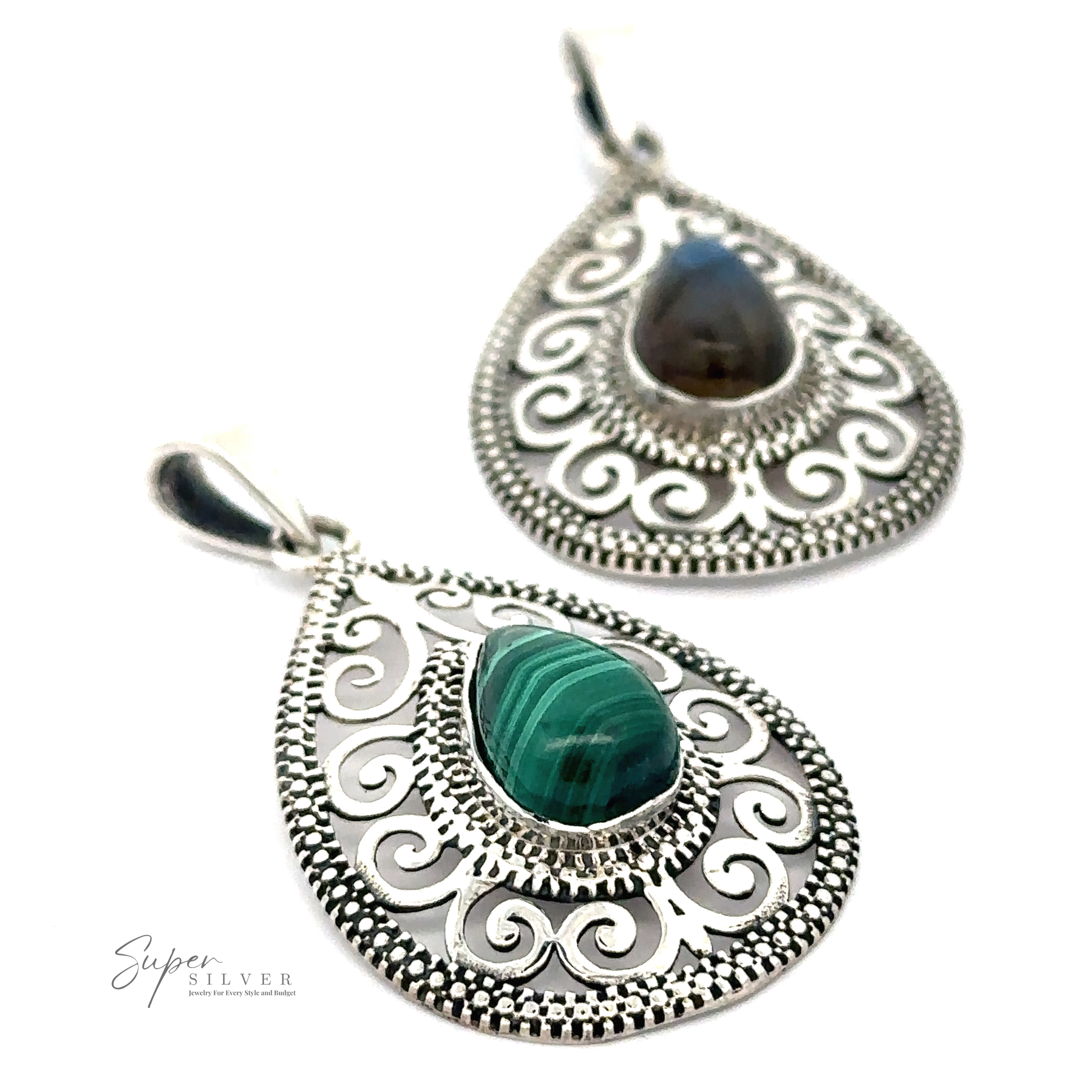 Two intricately designed earrings featuring central Gemstone Teardrop Pendant with Swirls.