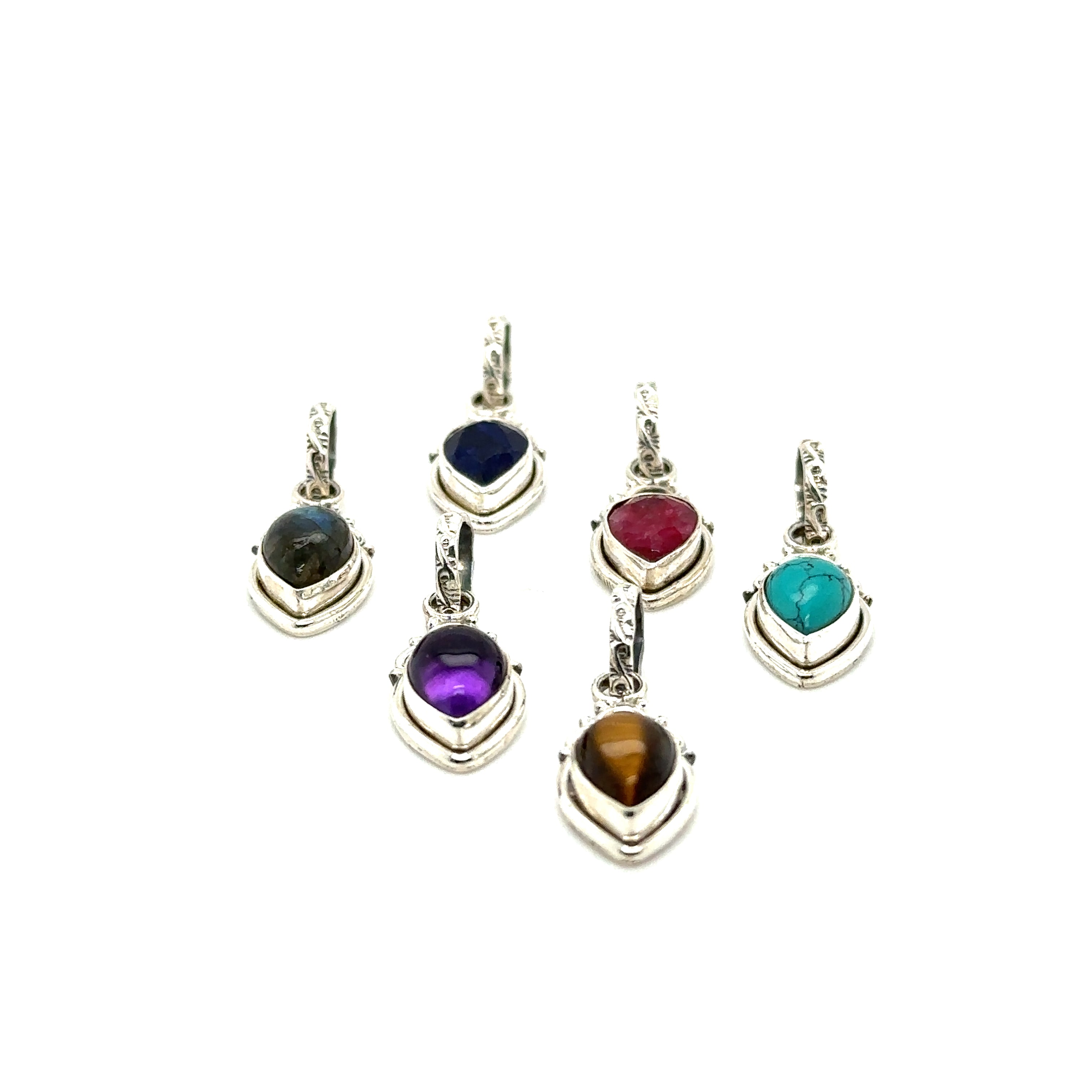 A group of Dainty Gemstone Teardrop Pendants showcasing free-spirited elegance on a white background.