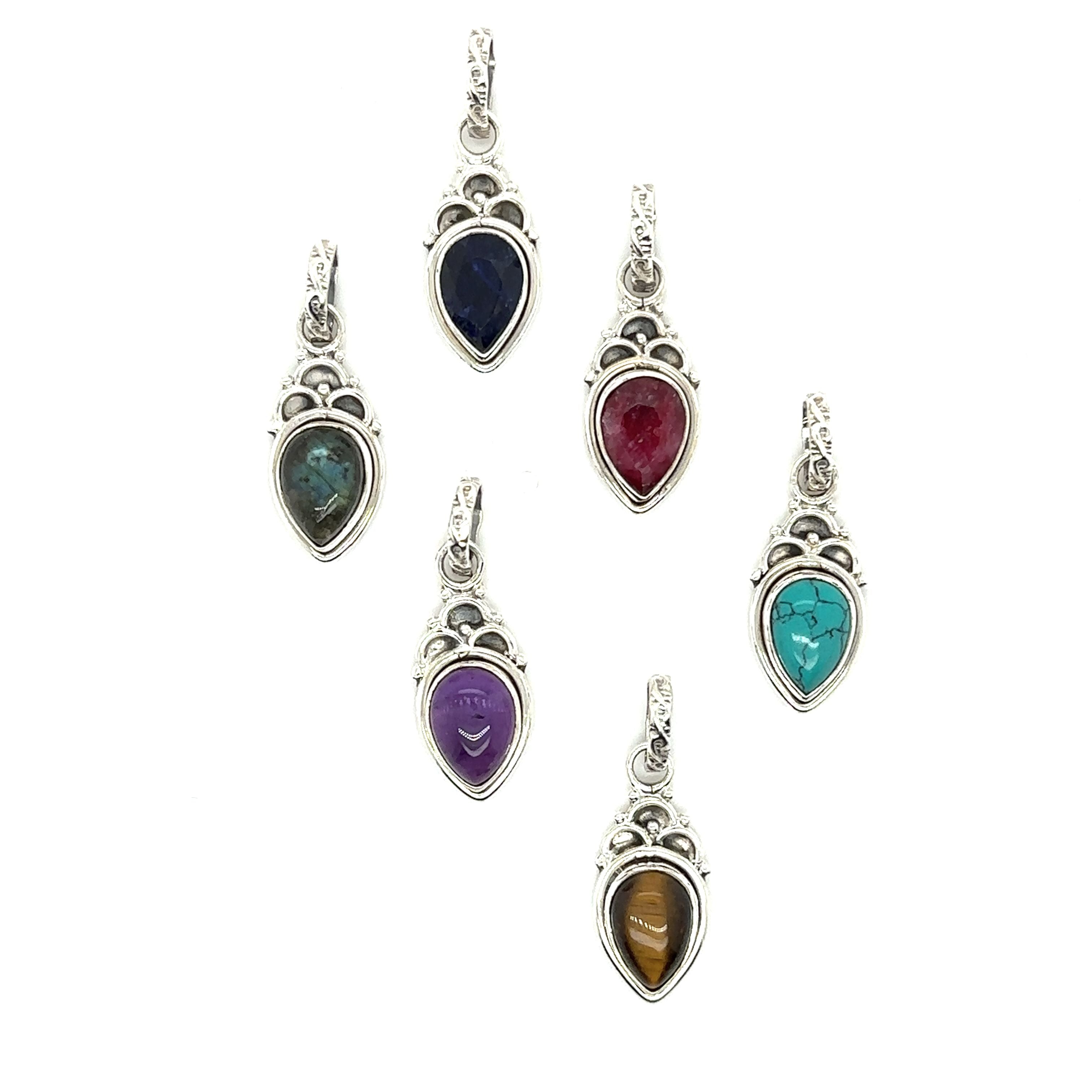 Five Dainty Gemstone Teardrop Pendants in free-spirited elegance, showcasing simplicity against a white background.