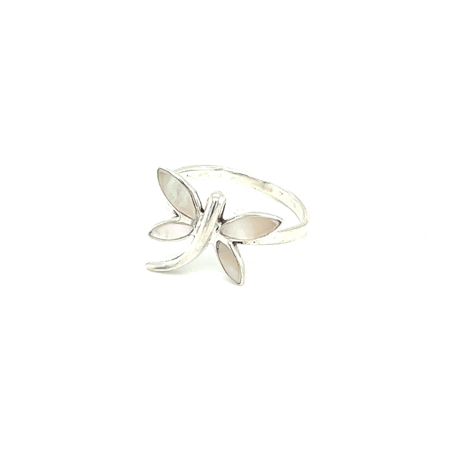 
                  
                    A silver Inlay Stone Dragonfly ring with mother of pearl inlay on a white background.
                  
                