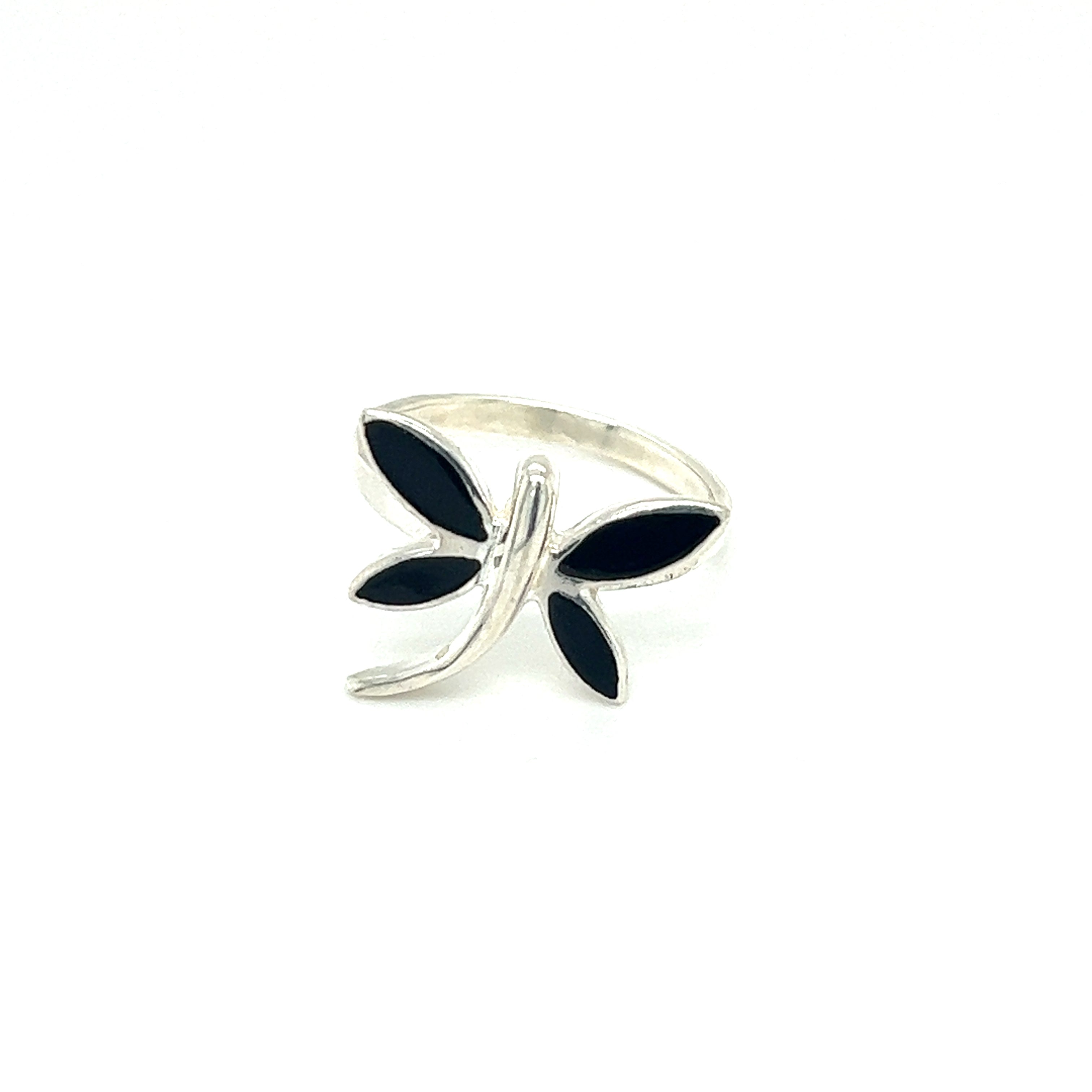 A sterling silver Inlay Stone Dragonfly ring with black enamel and a mother of pearl stone.