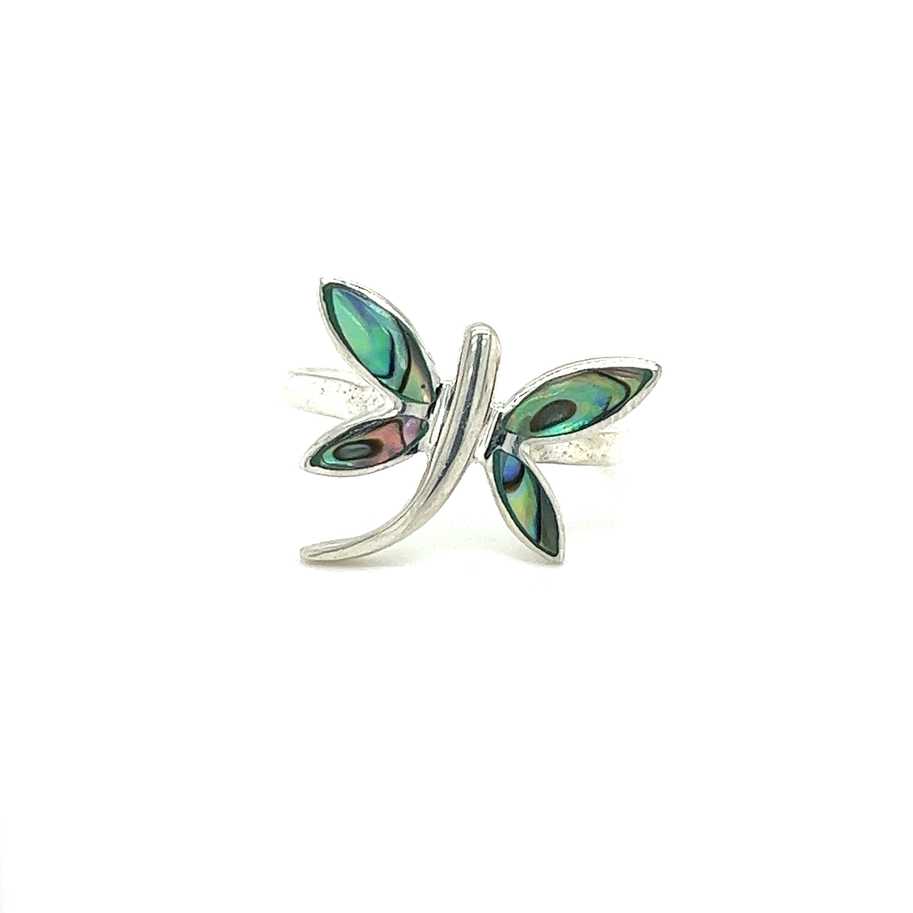 A stunning Inlay Stone Dragonfly Ring adorned with lustrous mother of pearl and iridescent abalone.