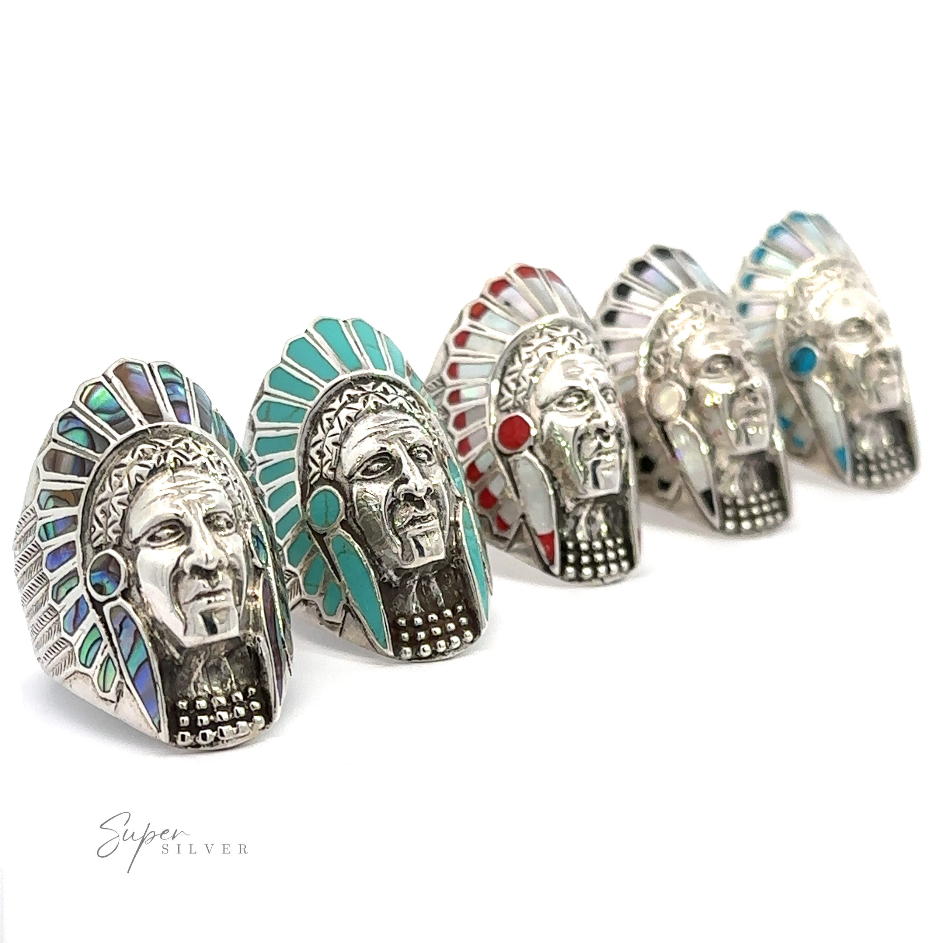 A set of four Inlay Chief Rings featuring various stones in different colors.