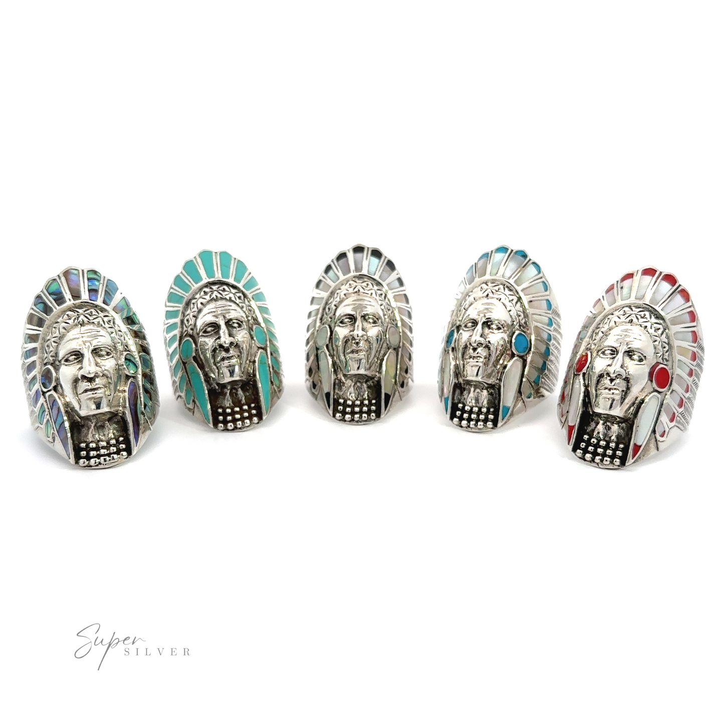 A set of five Inlay Chief Rings adorned with traditional headdress designs, featuring Native American chief motifs.
