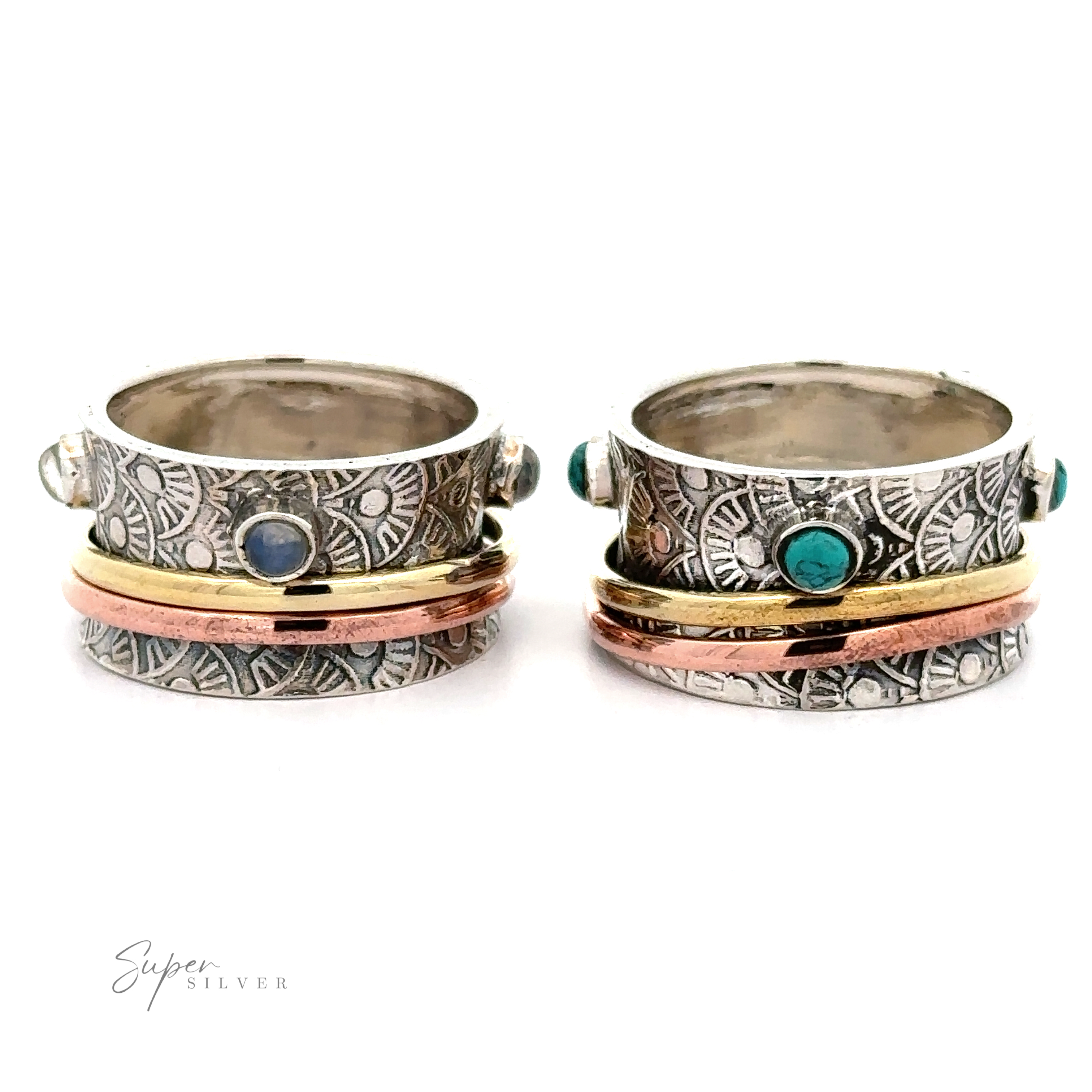 A unique handmade Tricolor Spinner Ring with Moonstone Accents.