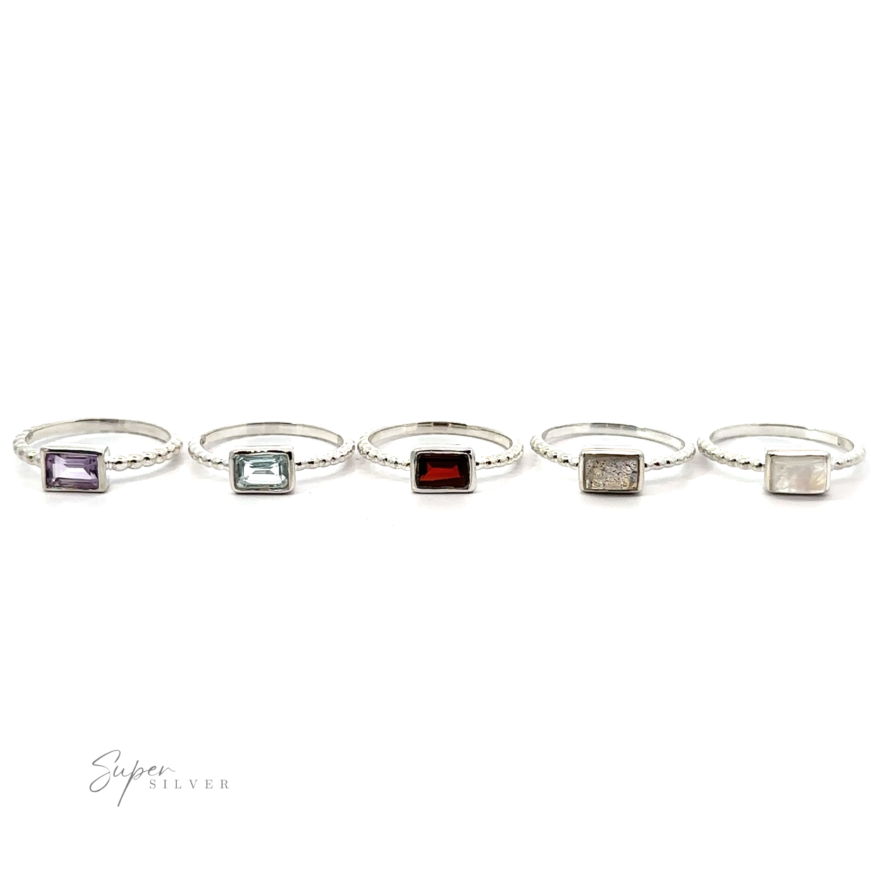 A collection of five Rectangular Gemstone Rings with Beaded Bands, each featuring a different color and shape of the gemstone centerpiece, displayed in a row against a white background.