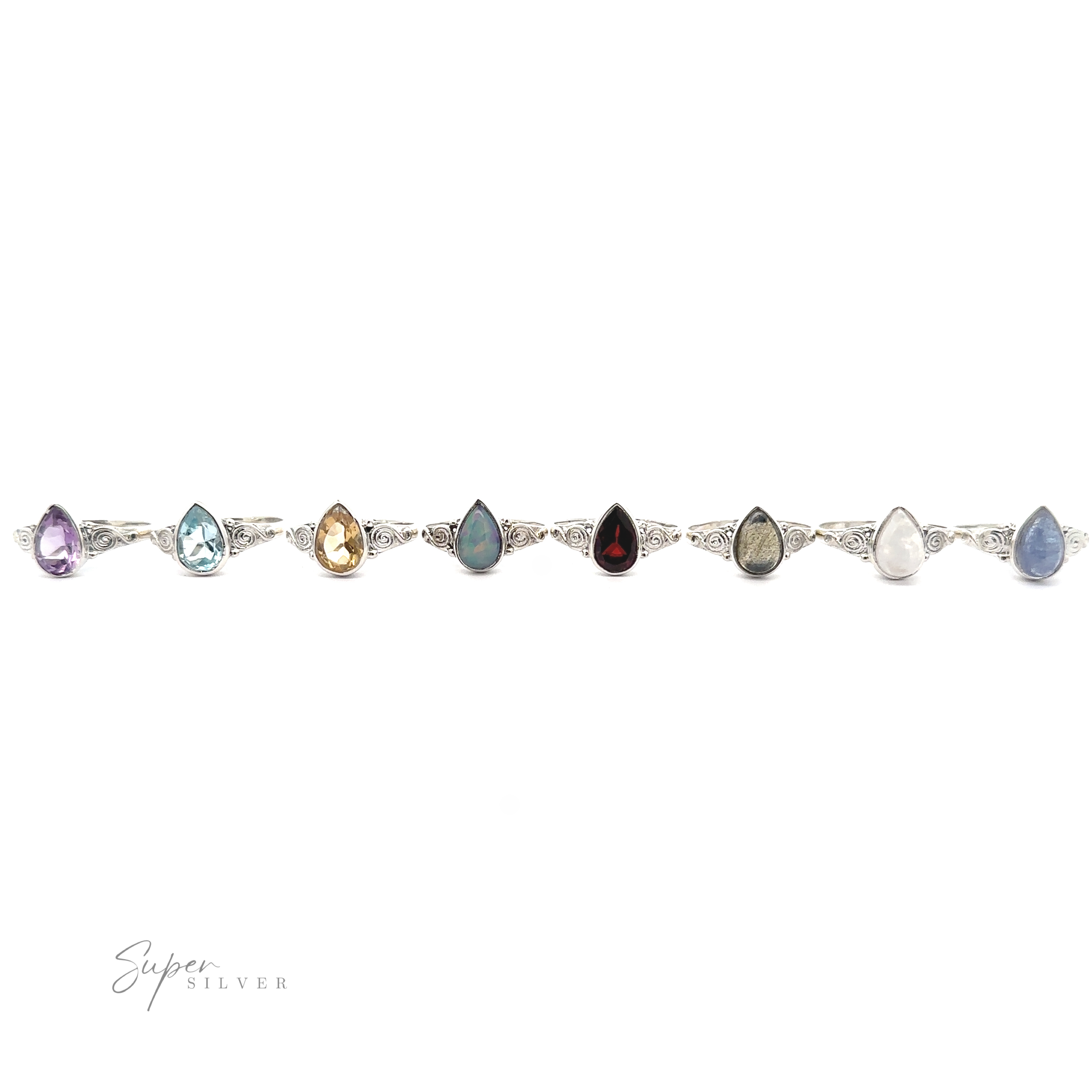 A teardrop gemstone ring with swirls featuring a series of different colored gemstones set in .925 Sterling Silver, displayed against a white background.