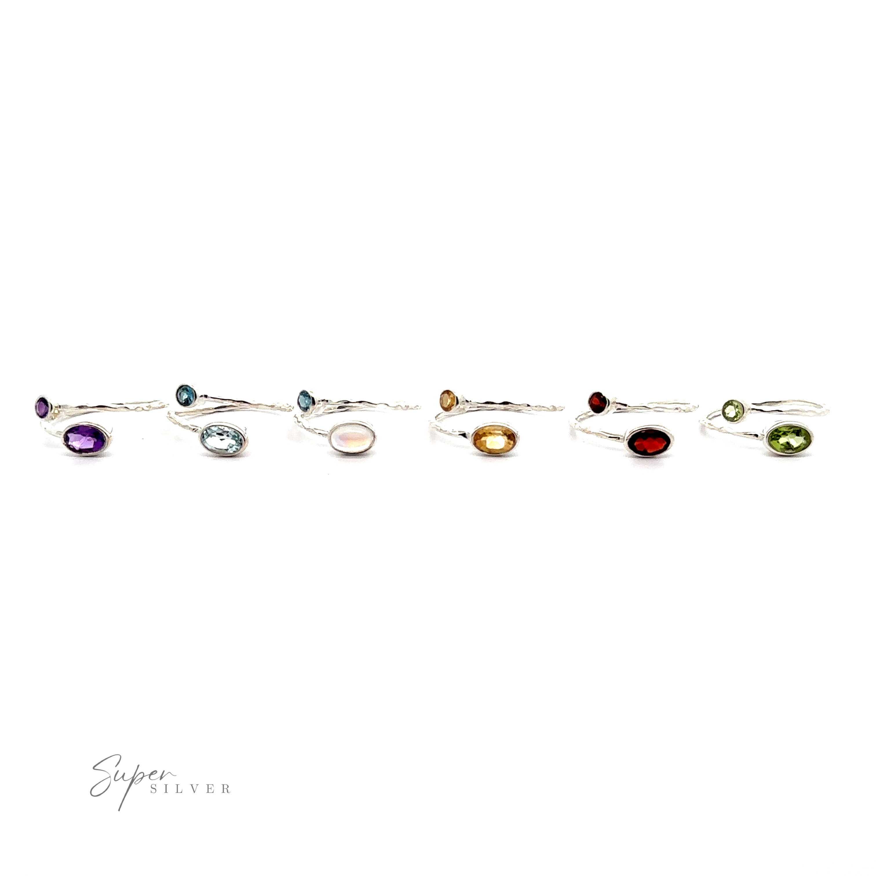 A collection of seven Textured Adjustable Bands with Adorned Gemstones, each featuring a different color gemstone, displayed in a row against a white background.