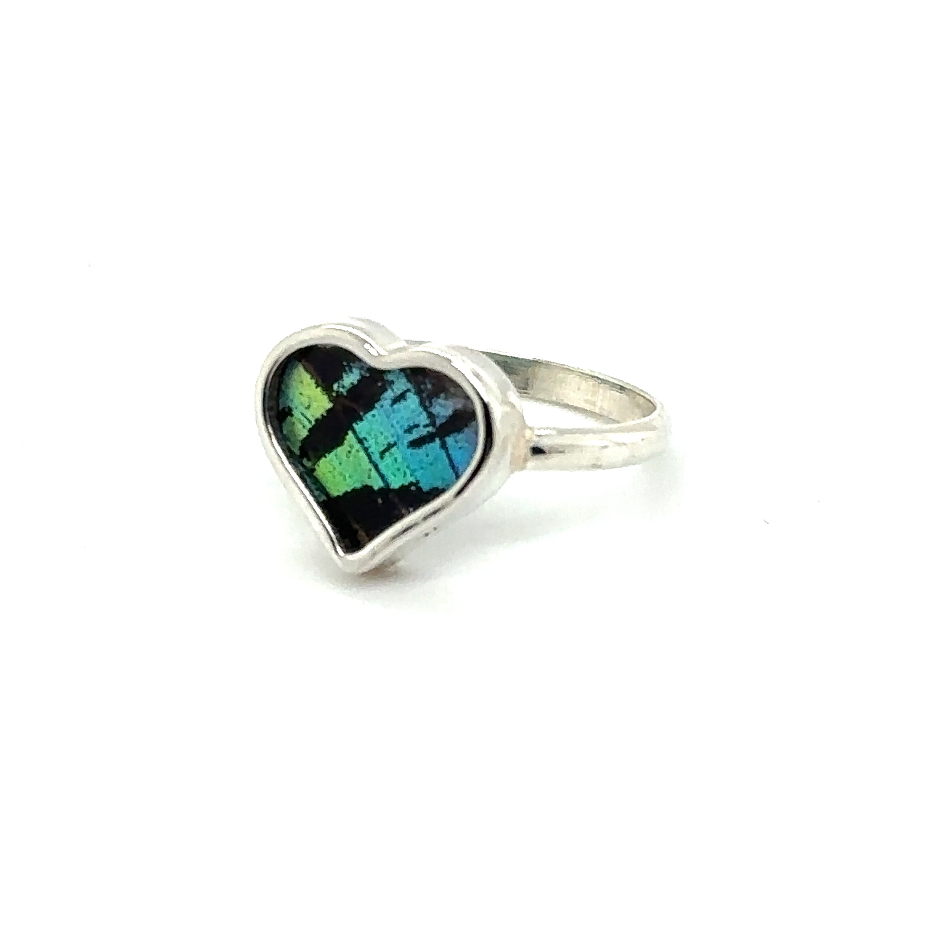 A colorful Genuine Butterfly Ring in Heart Shape with green and blue glass made of sterling silver.