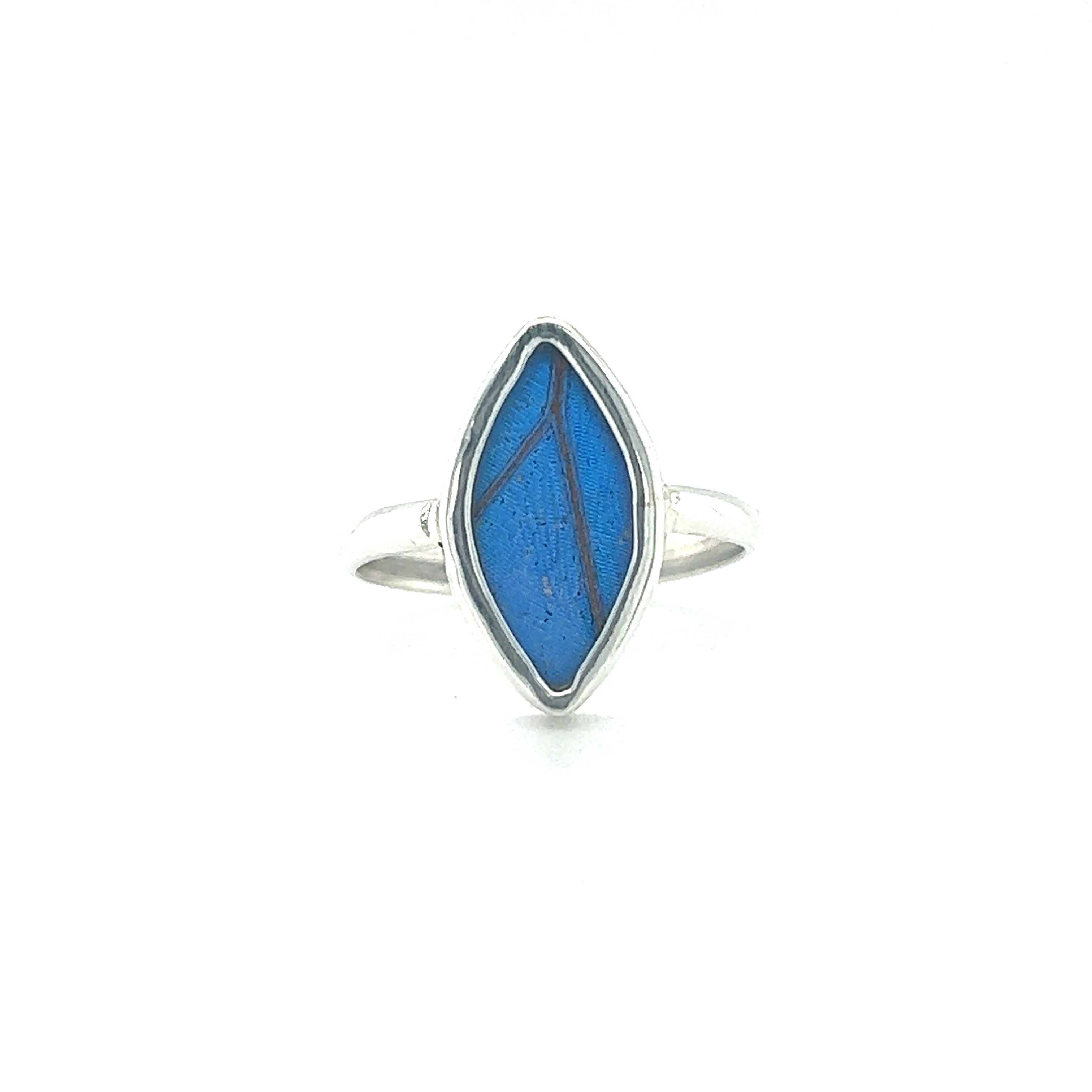 A Genuine Butterfly Wing Ring in Marquise Shape, with a blue stone, featuring sustainable fashion elements.