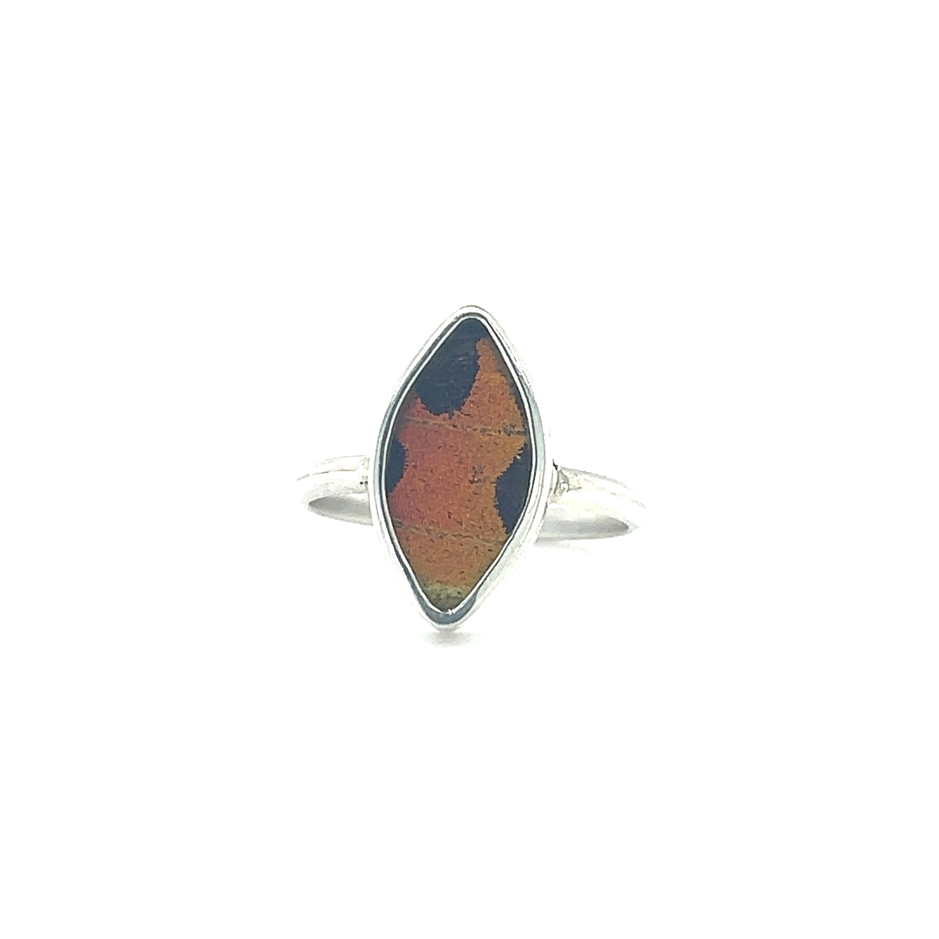 A Genuine Butterfly Wing Ring in Marquise Shape with an orange and black butterfly wing stone, symbolizing conservation efforts.
