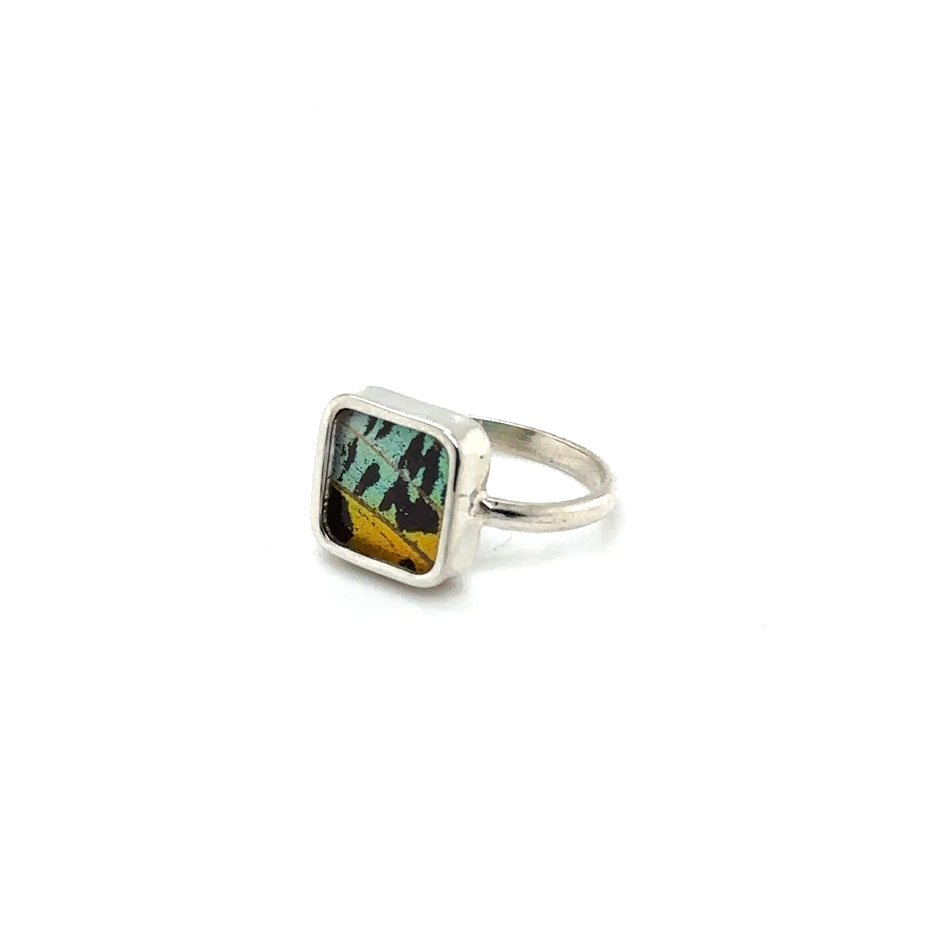 Peruvian Amazon-inspired Genuine Butterfly Wing Rings in Square Shape adorned with a genuine green and yellow butterfly wing stone.