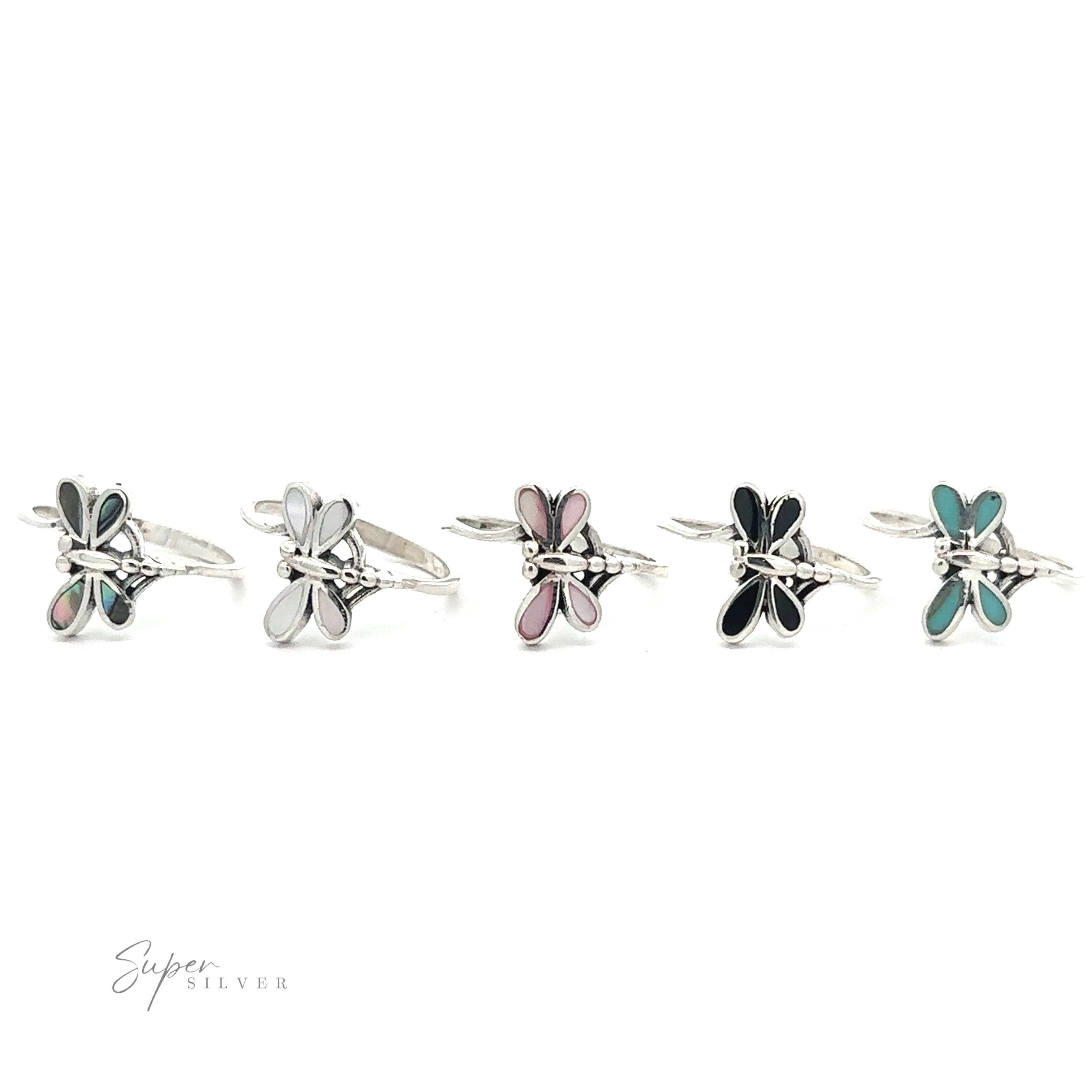 Five Inlaid Stone Dragonfly rings, crafted from .925 Sterling Silver with various inlay colors including Abalone Mother of Pearl, Turquoise, and Onyx, displayed side by side against a white background.