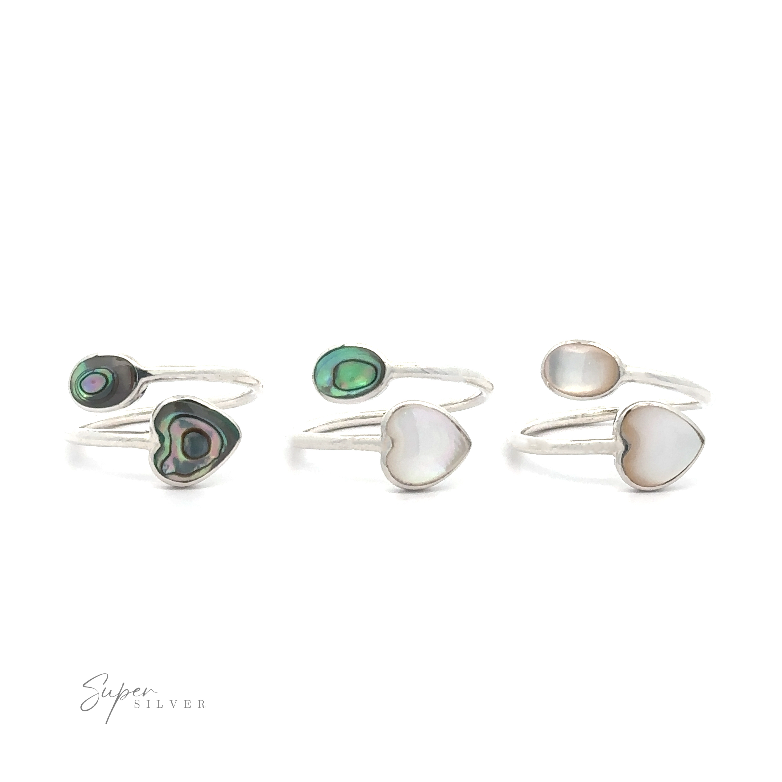 Three pairs of sterling silver Adjustable Inlay Stone Heart Rings with Abalone and Mother of Pearl inlays, on a white background.