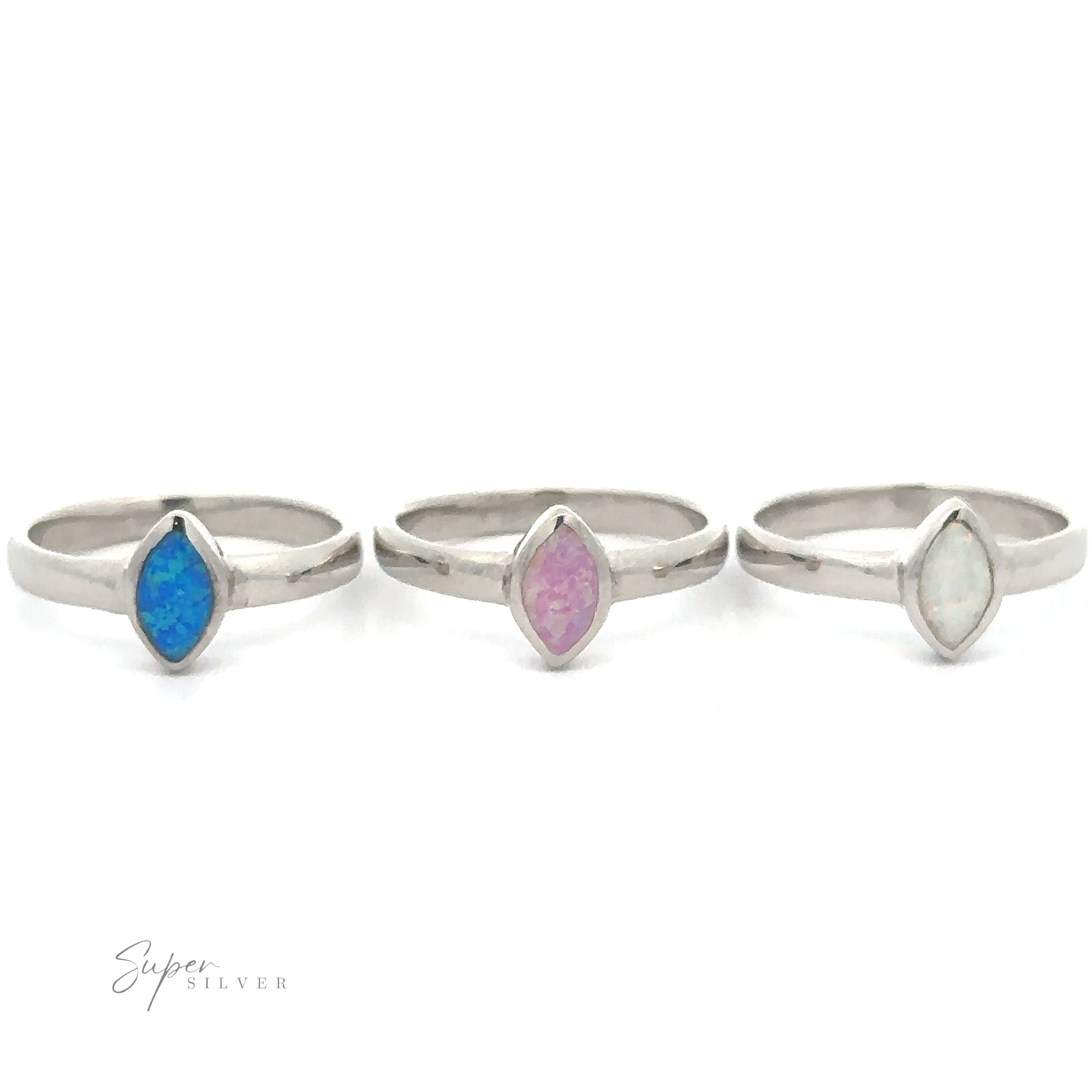 Three silver Simple Marquise Shaped Opal Rings displayed against a white background.