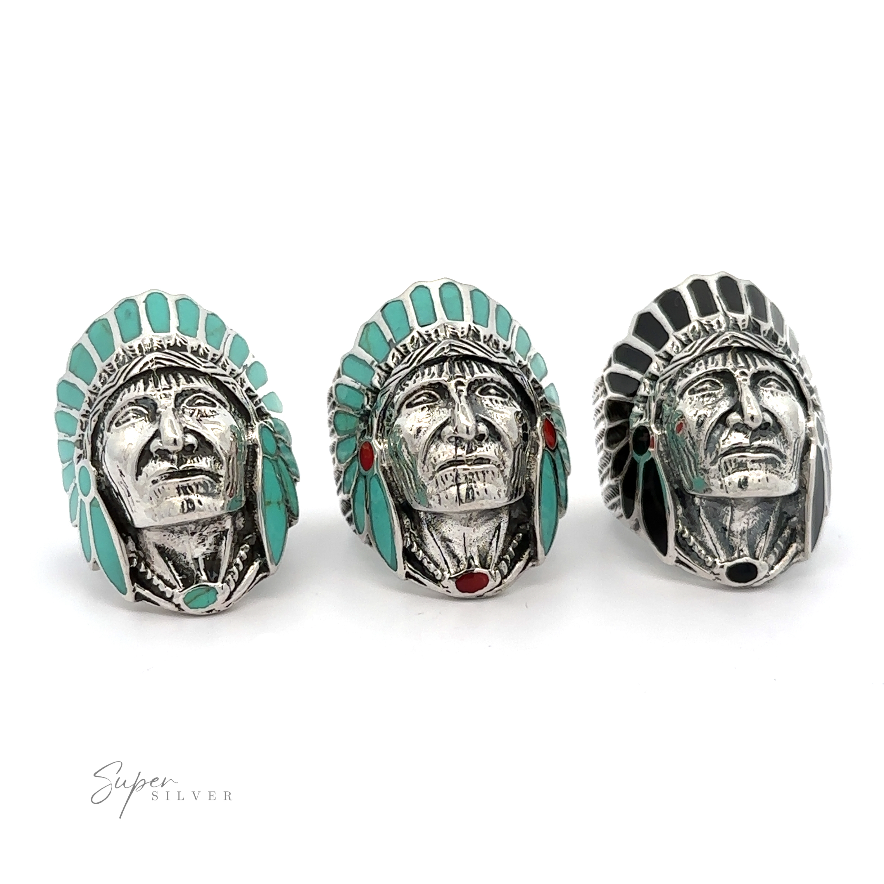 Three sterling silver Stately Chief Head Rings With Inlay Stones.