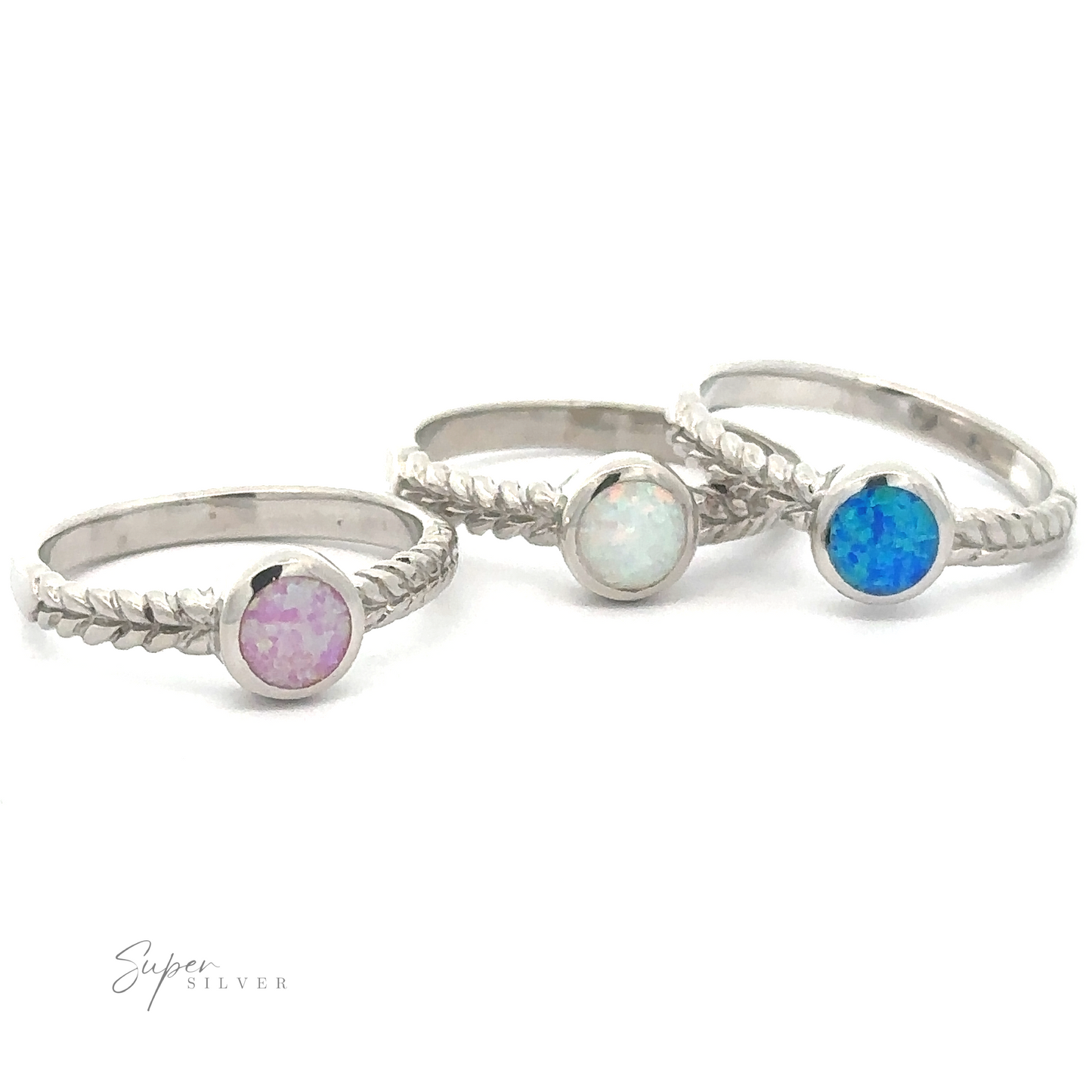 Three Half Braided Bands with Round Opal gemstones of different colors on a white background.
