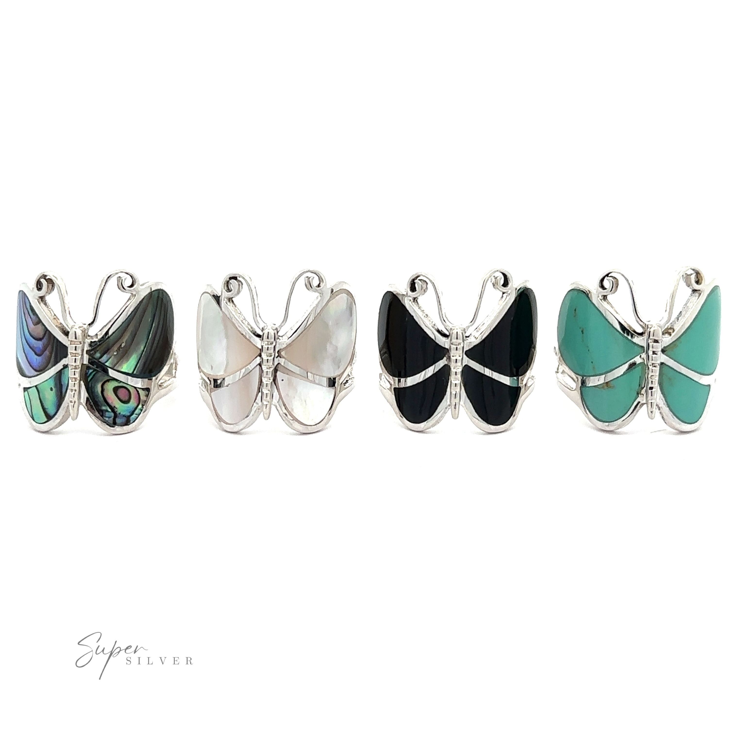 Five Bold Butterfly Rings with Inlaid Stones featuring sterling silver with various inlay patterns, including blue, white, black, and green stones, displayed in a row against a white background.