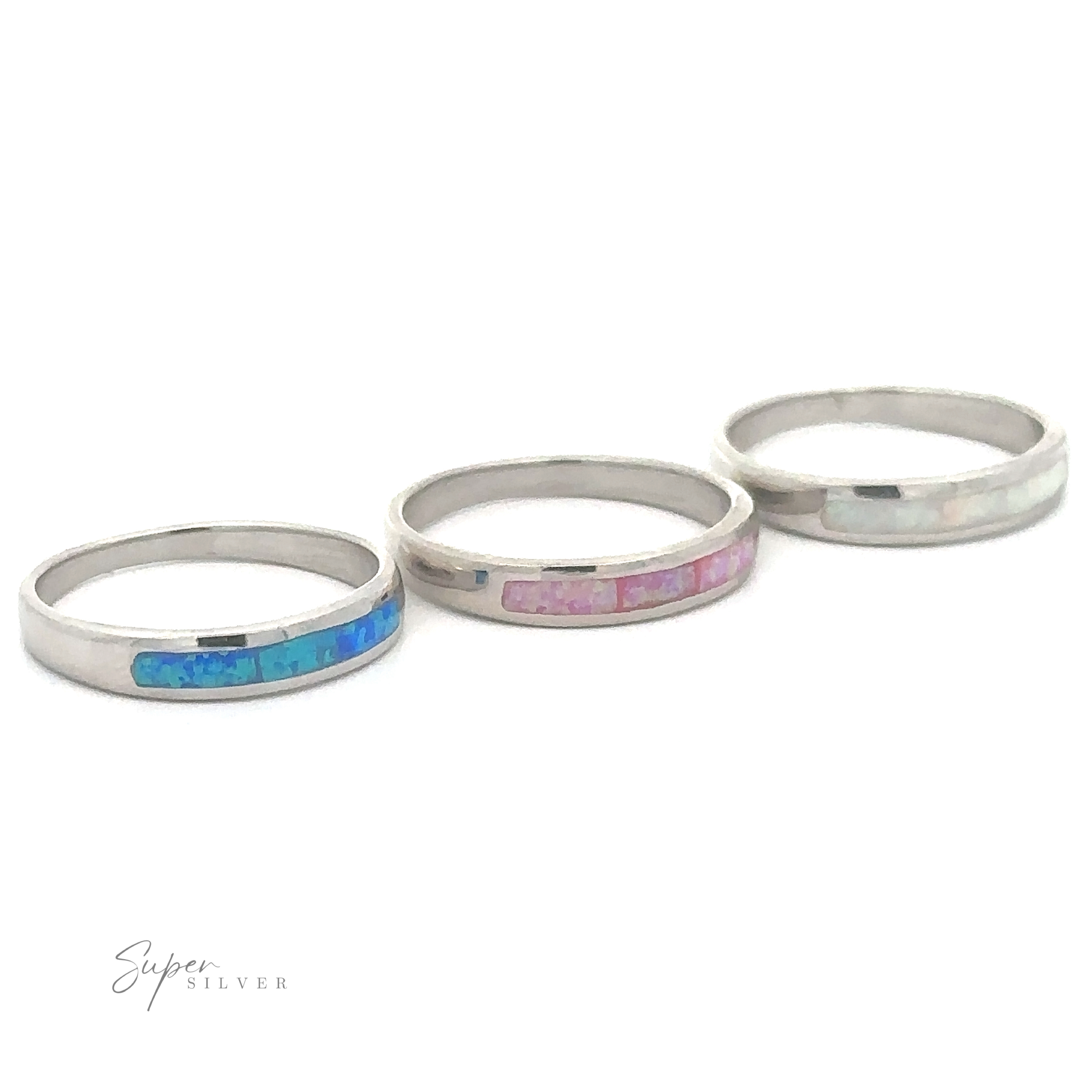 Three opulent charm sterling silver rings with Inlay Opal Half Bands on a white background.