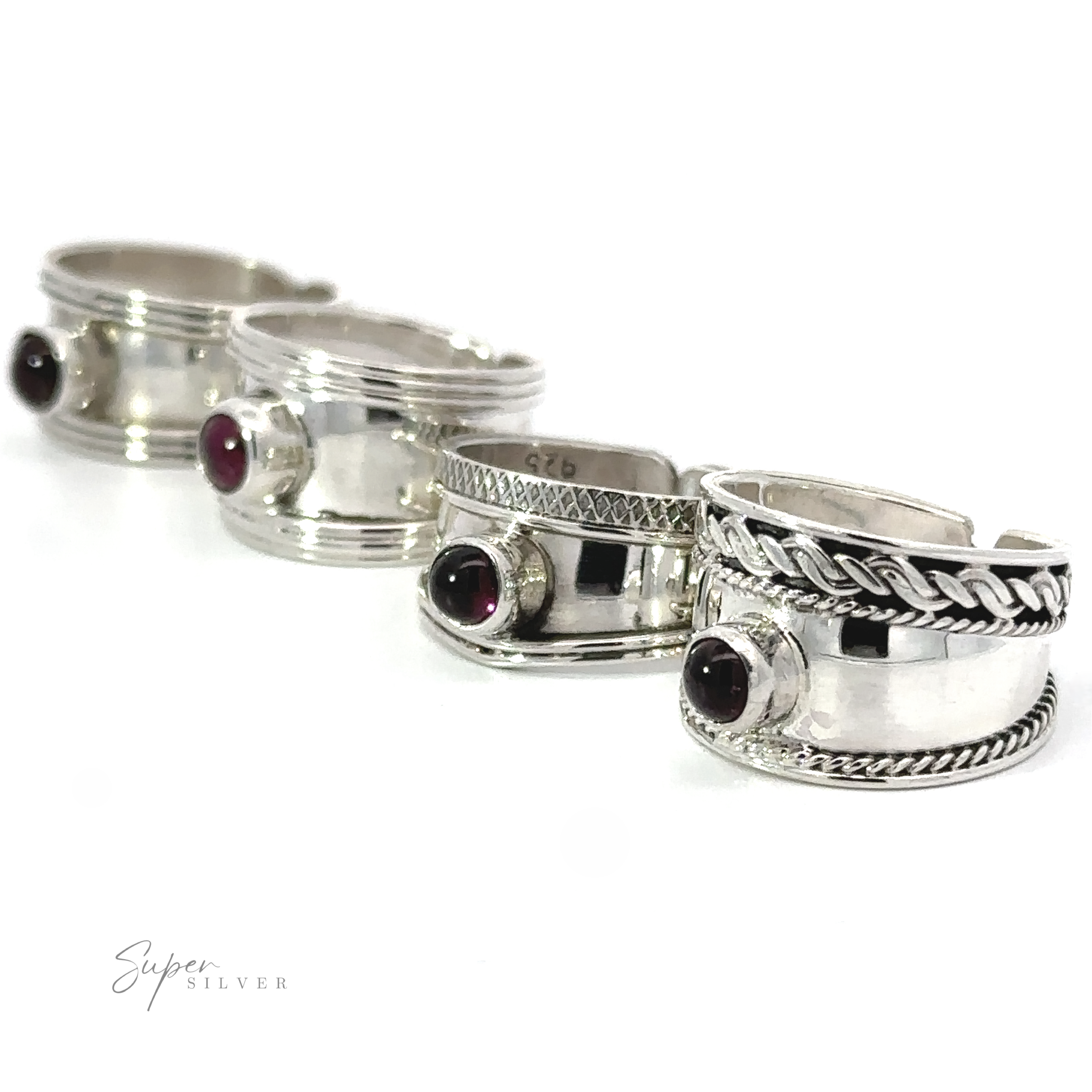Three Adjustable Wide Cigar Band Toe Rings with Gemstones, displayed against a white background.