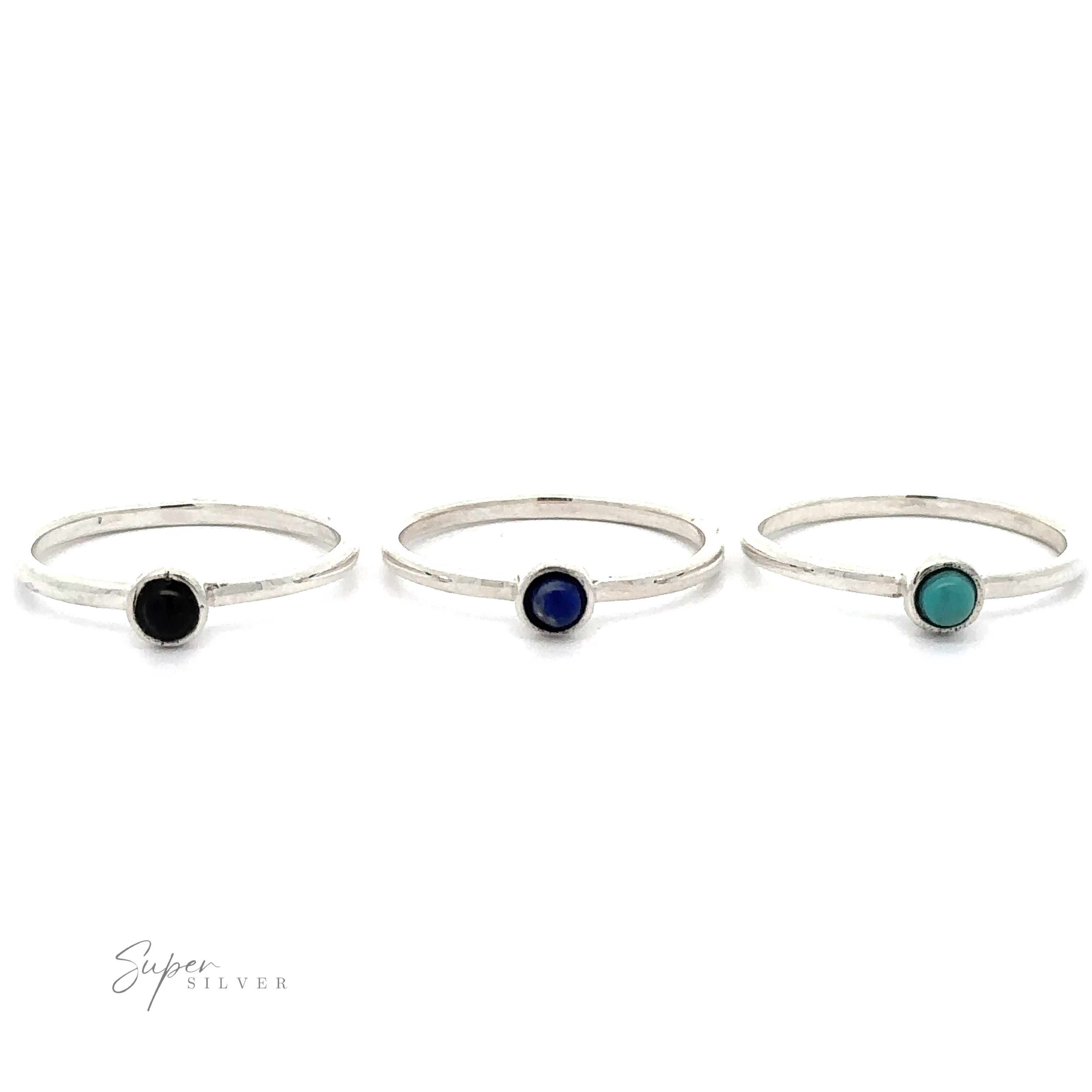 Three sterling silver rings with small round stones; from left to right: black, dark blue, and turquoise stones. Perfect for minimalist fashion enthusiasts, these Dainty Stackable Round Gemstone Rings are branded "Super Silver," displayed in the bottom-left corner.