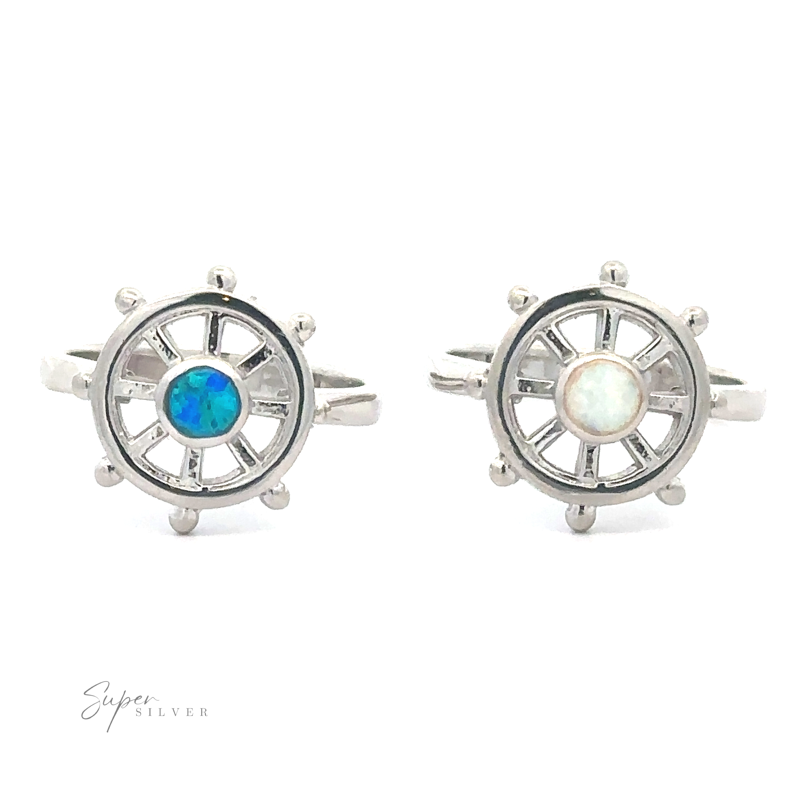 Ship Wheel ring with Lab Opal stones.