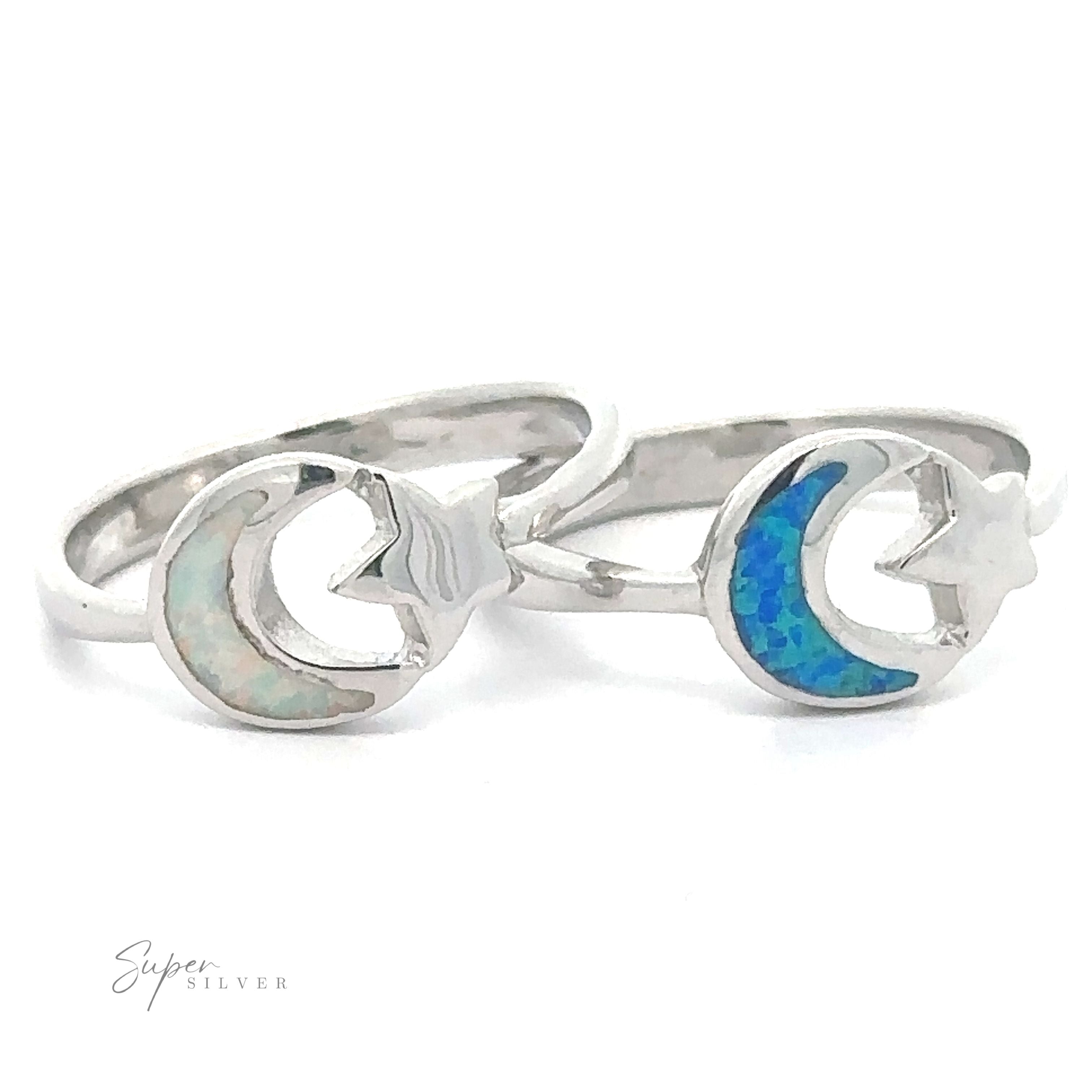 Two Moon and Star Rings with Lab-Created Opal, displayed against a white background.