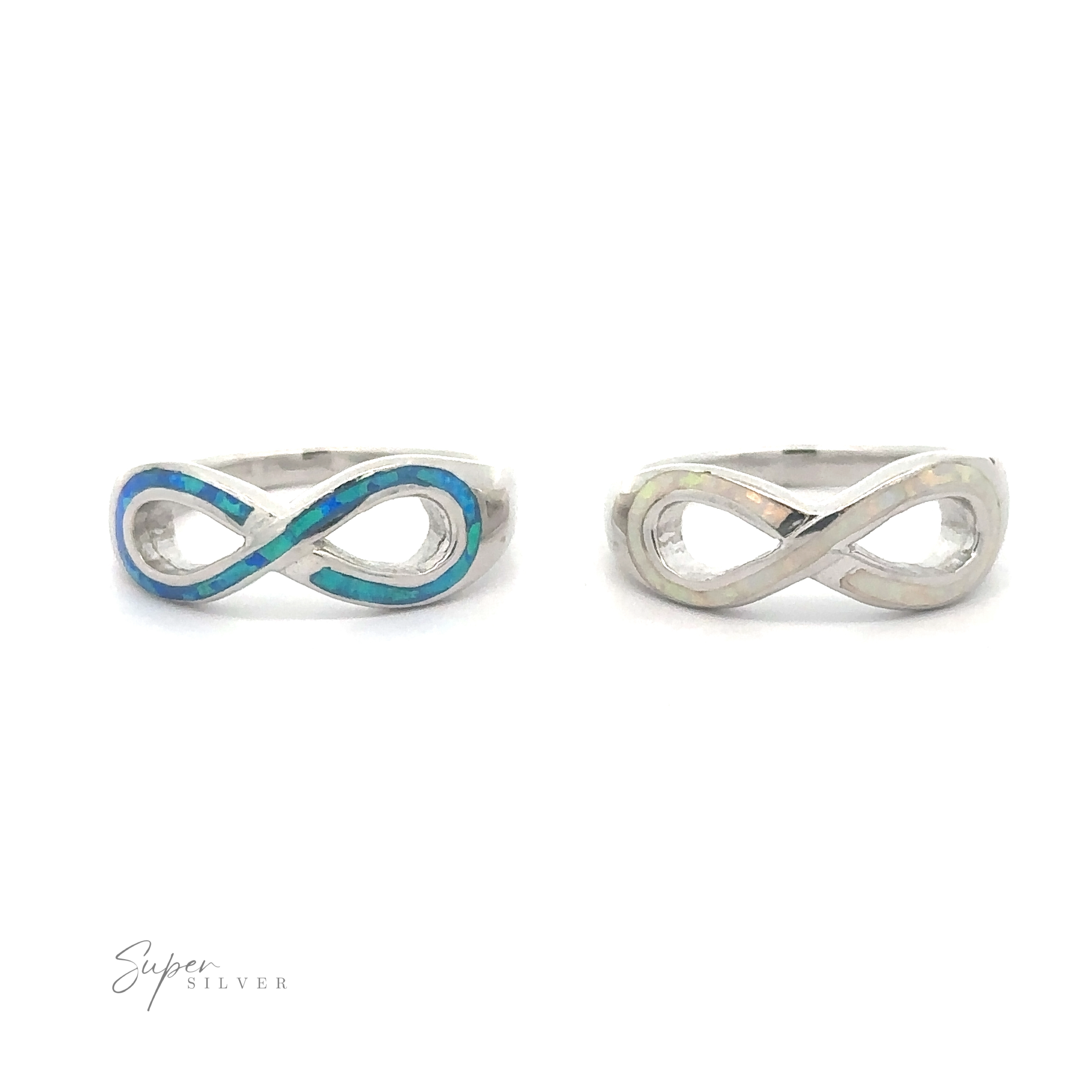 Two stylish Opal Infinity Rings, one with blue inlay and one plain, against a white background.