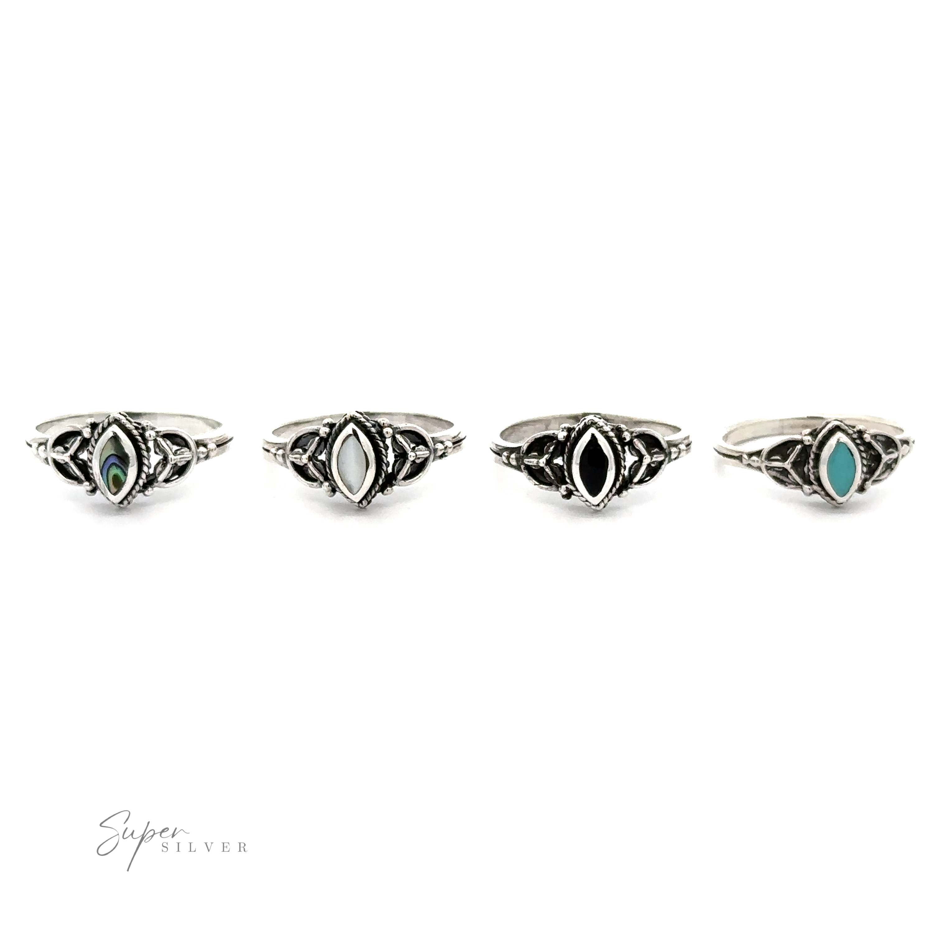 A set of four fashionable Tiny Marquise Inlay Stone Rings with a vintage look and featuring turquoise stones.