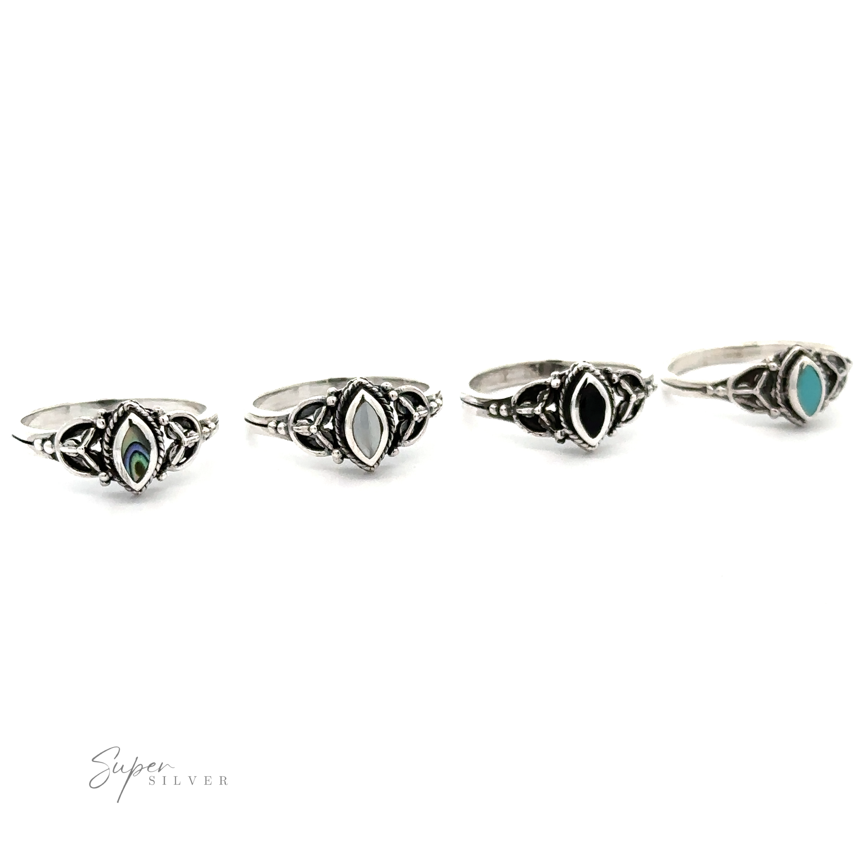 Four fashionable silver Tiny Marquise Inlay Stone rings.