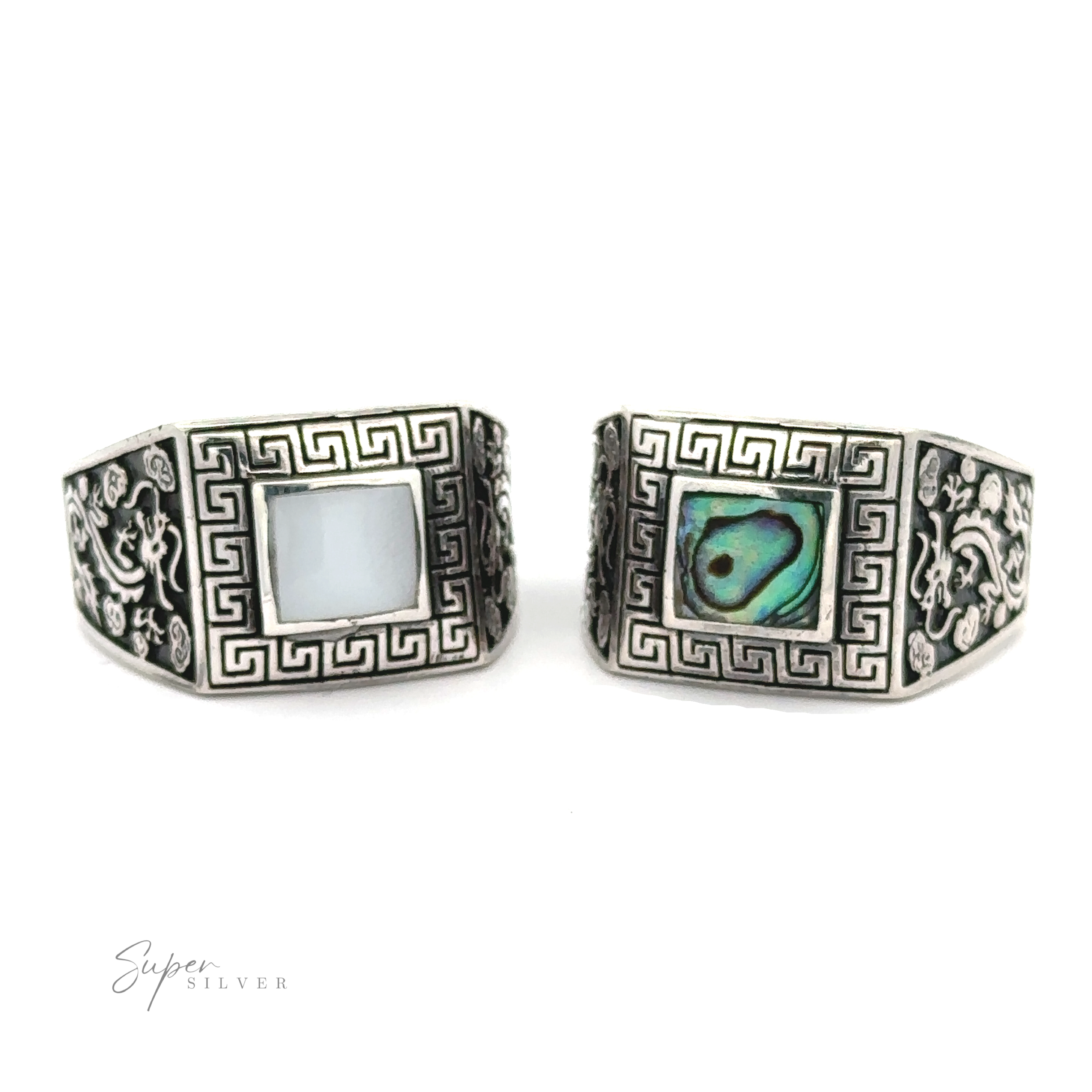 A pair of silver Stone Signet Rings with Dragon Design statement inlay stones.
