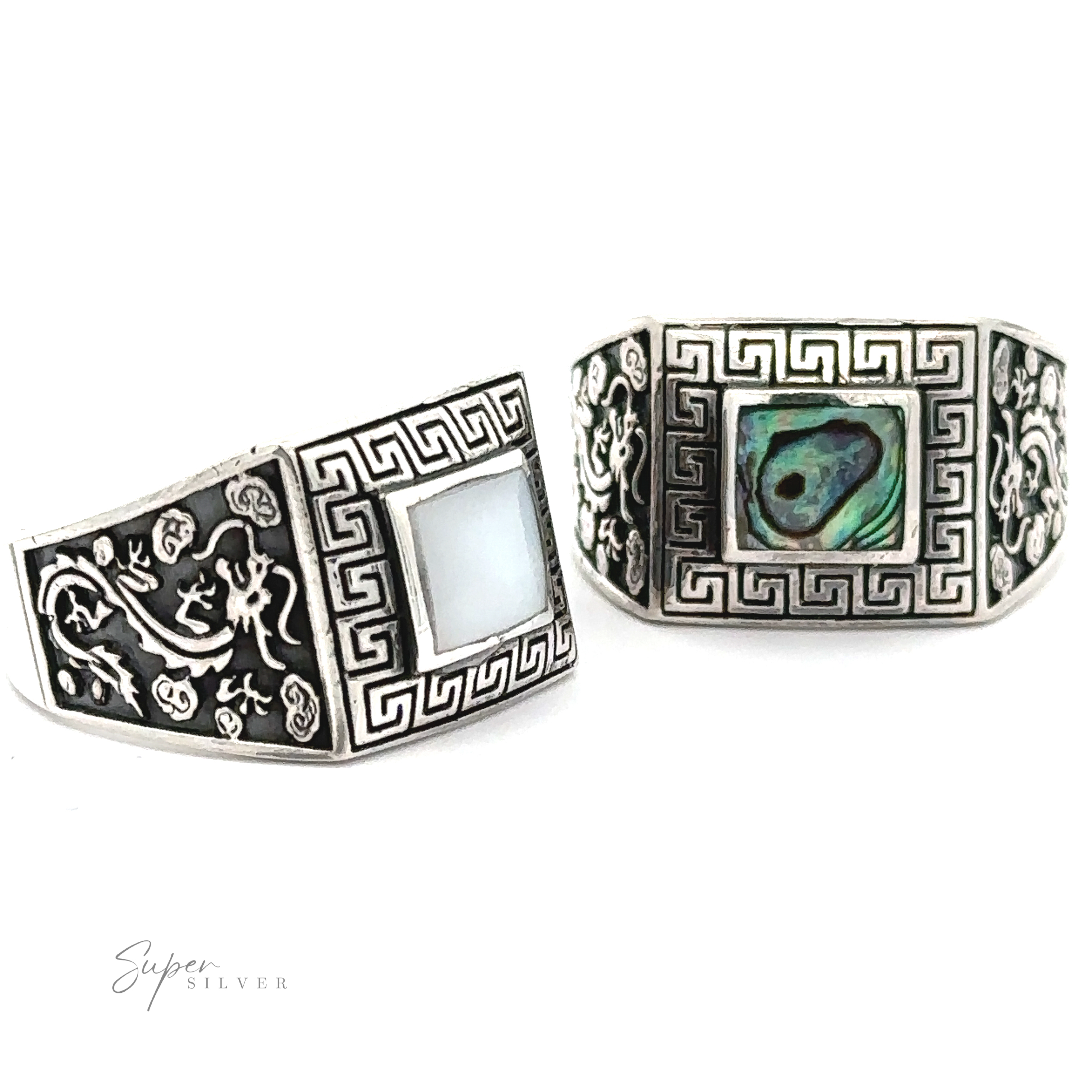 Two Stone Signet Rings with Dragon Designs.