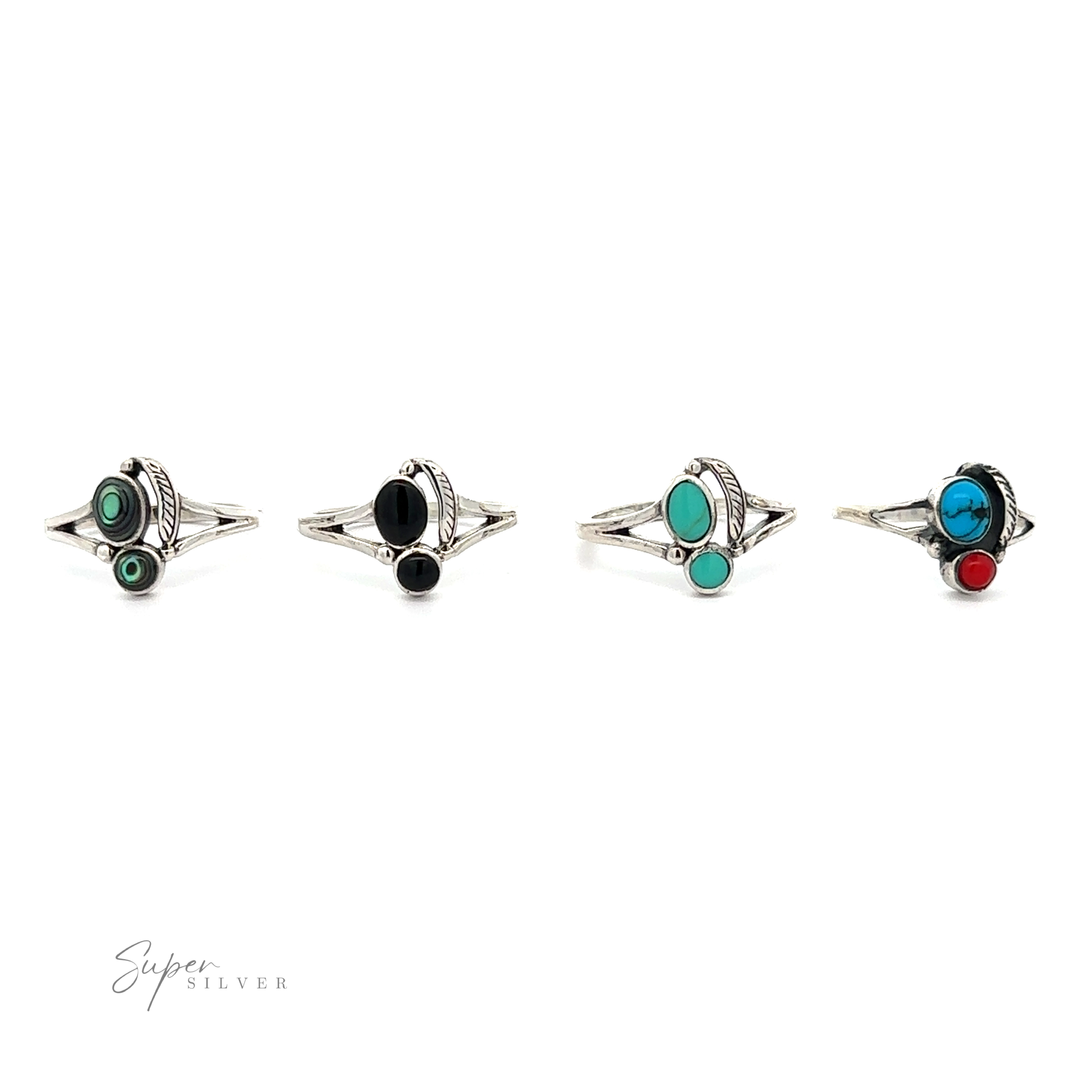 Four Stone and Feather Rings with inlaid turquoise, red, and green stones.