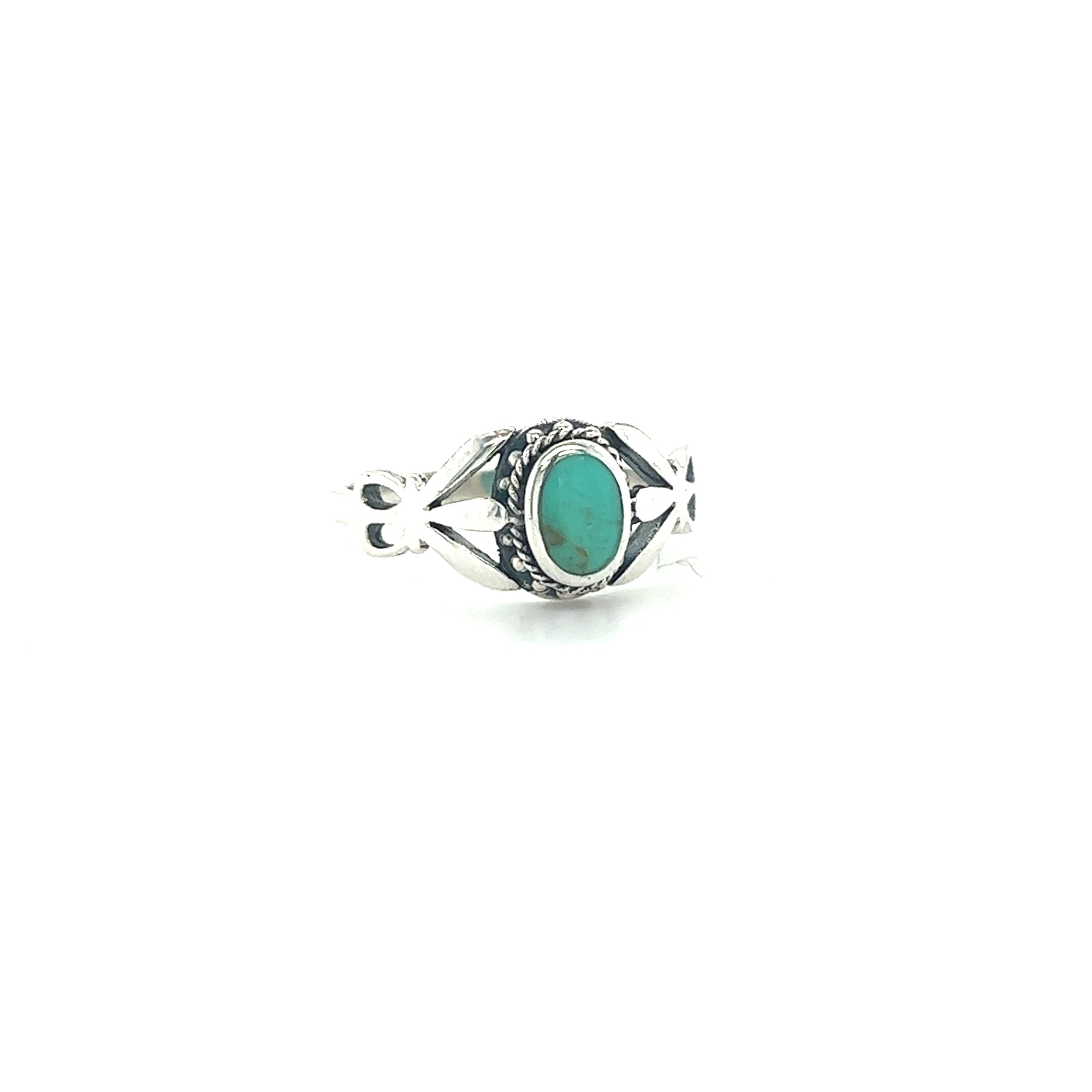 A Super Silver Unique Oval Inlaid Stone Ring with an inlaid turquoise stone.