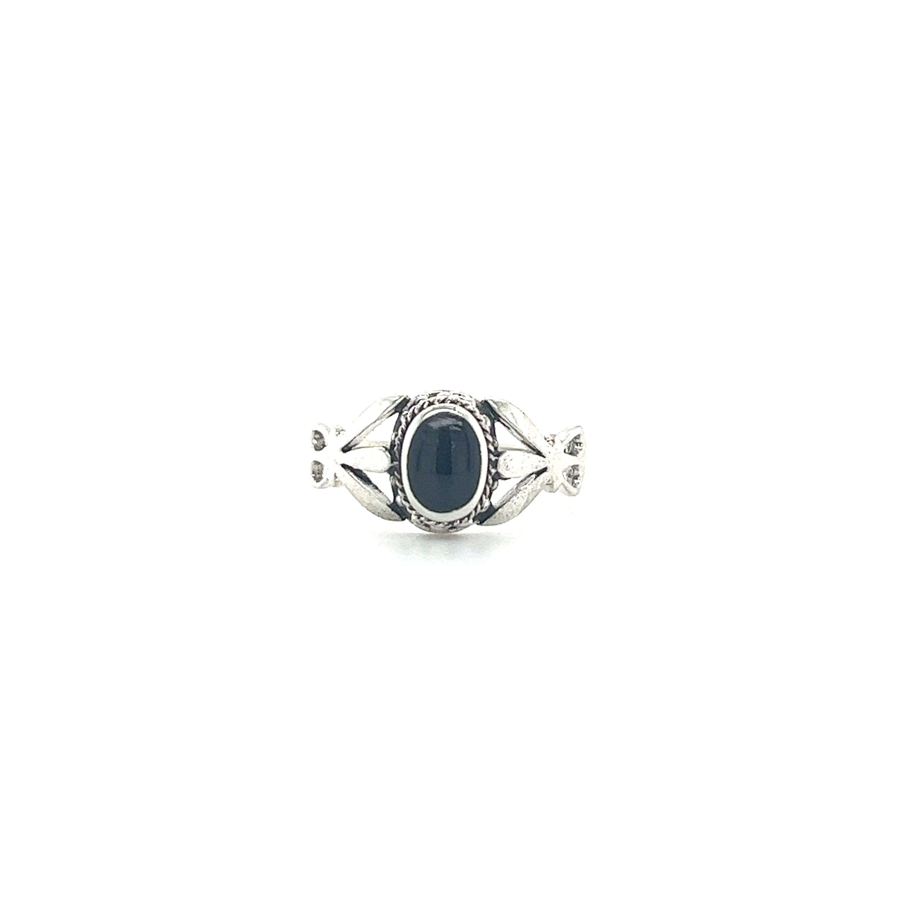 An unconventional design featuring the Super Silver Unique Oval Inlaid Stone Ring, with a mesmerizing black stone centerpiece.