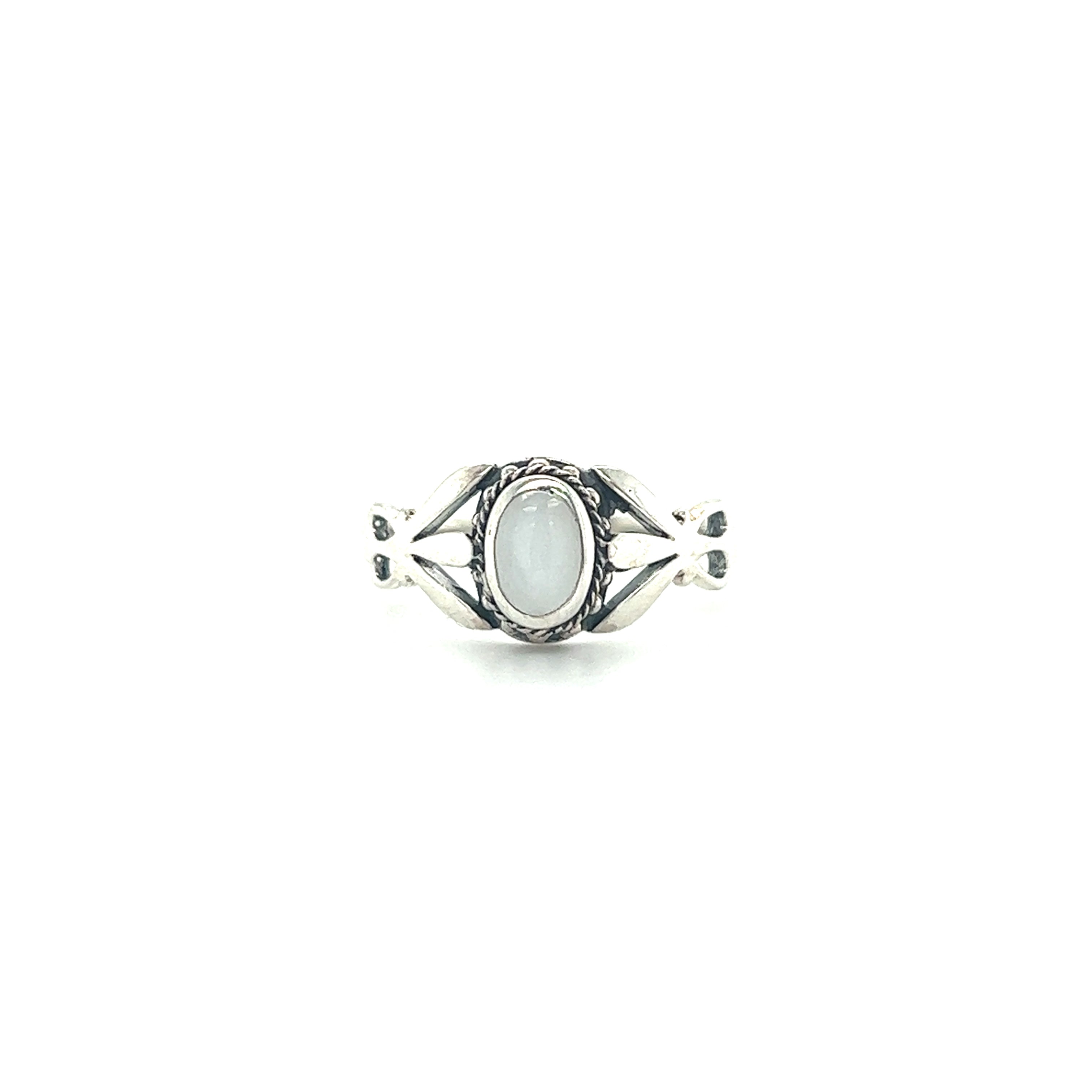 An unconventional design of the Unique Oval Inlaid Stone Ring by Super Silver on a white background.