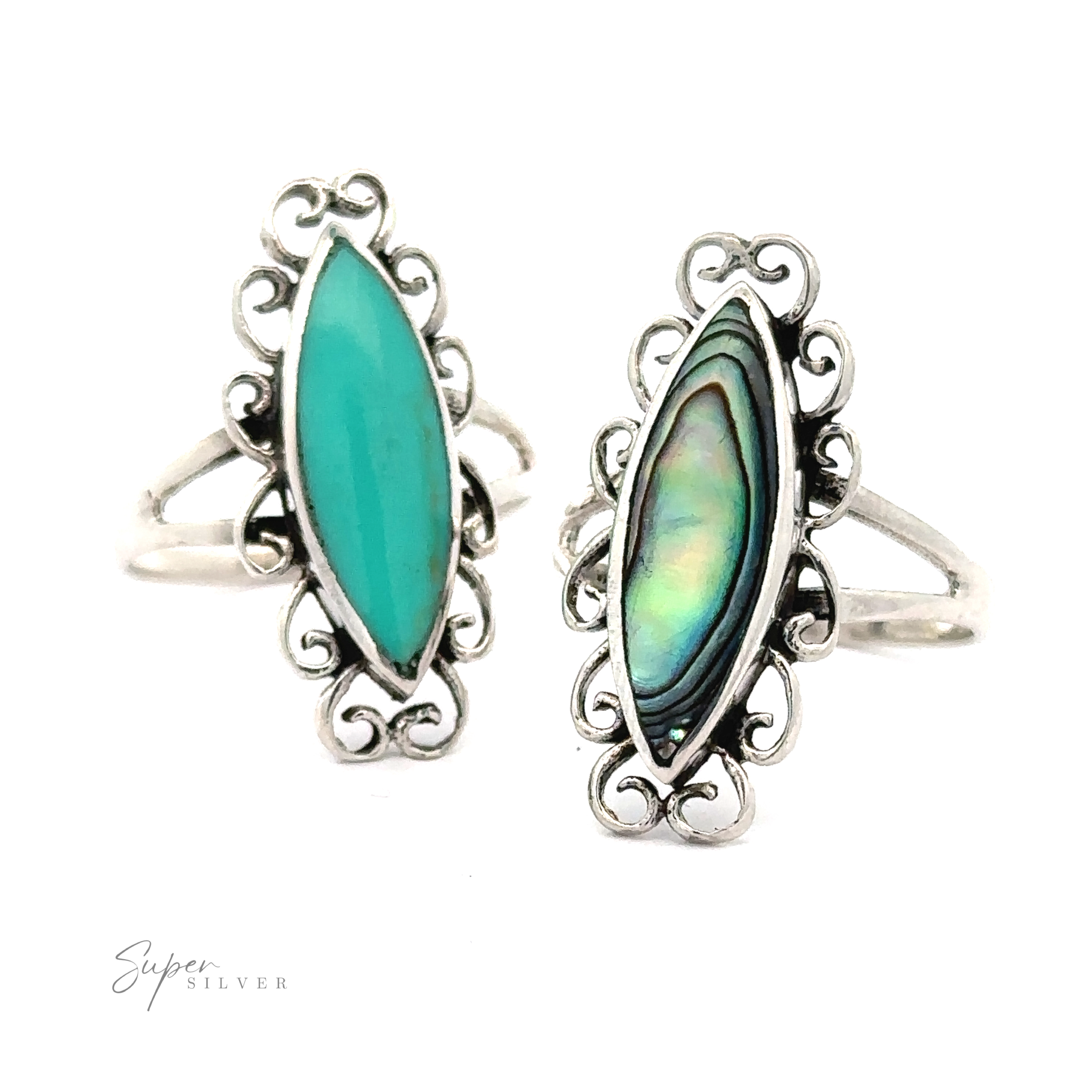 This pair of Elegant Inlay Stone Marquise Rings With Swirls features a marquise turquoise and abalone shell inlay stone design.